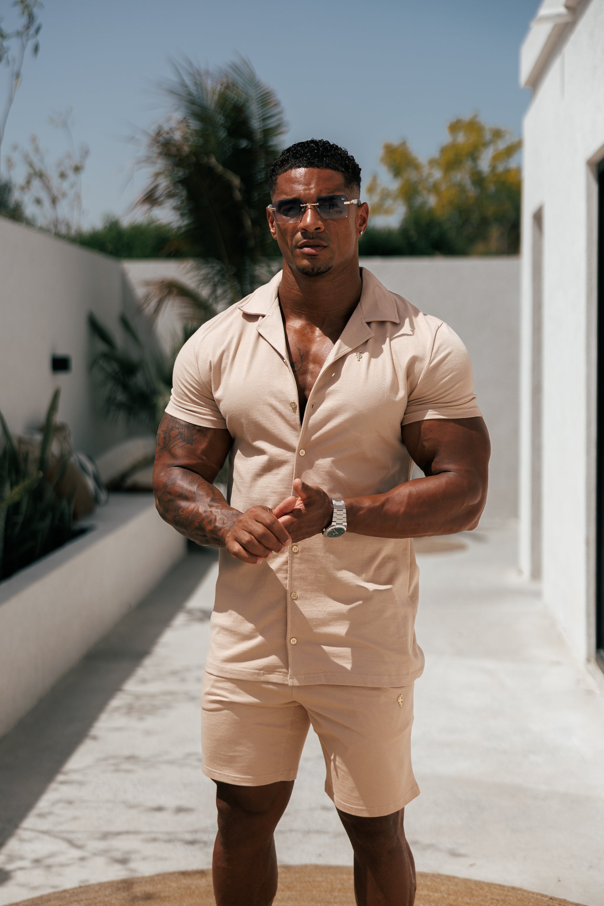 Stretch Beige / Gold Pique Revere Shirt Short Sleeve - FSH1075