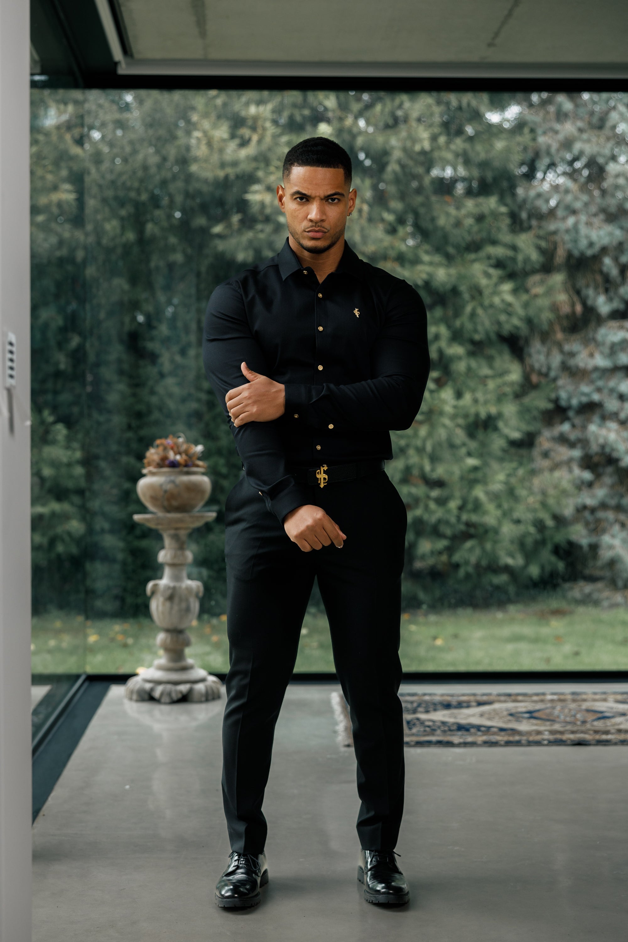 Super Slim Stretch Black Denim Long Sleeve with Gold Metal Decal and Buttons - FS923