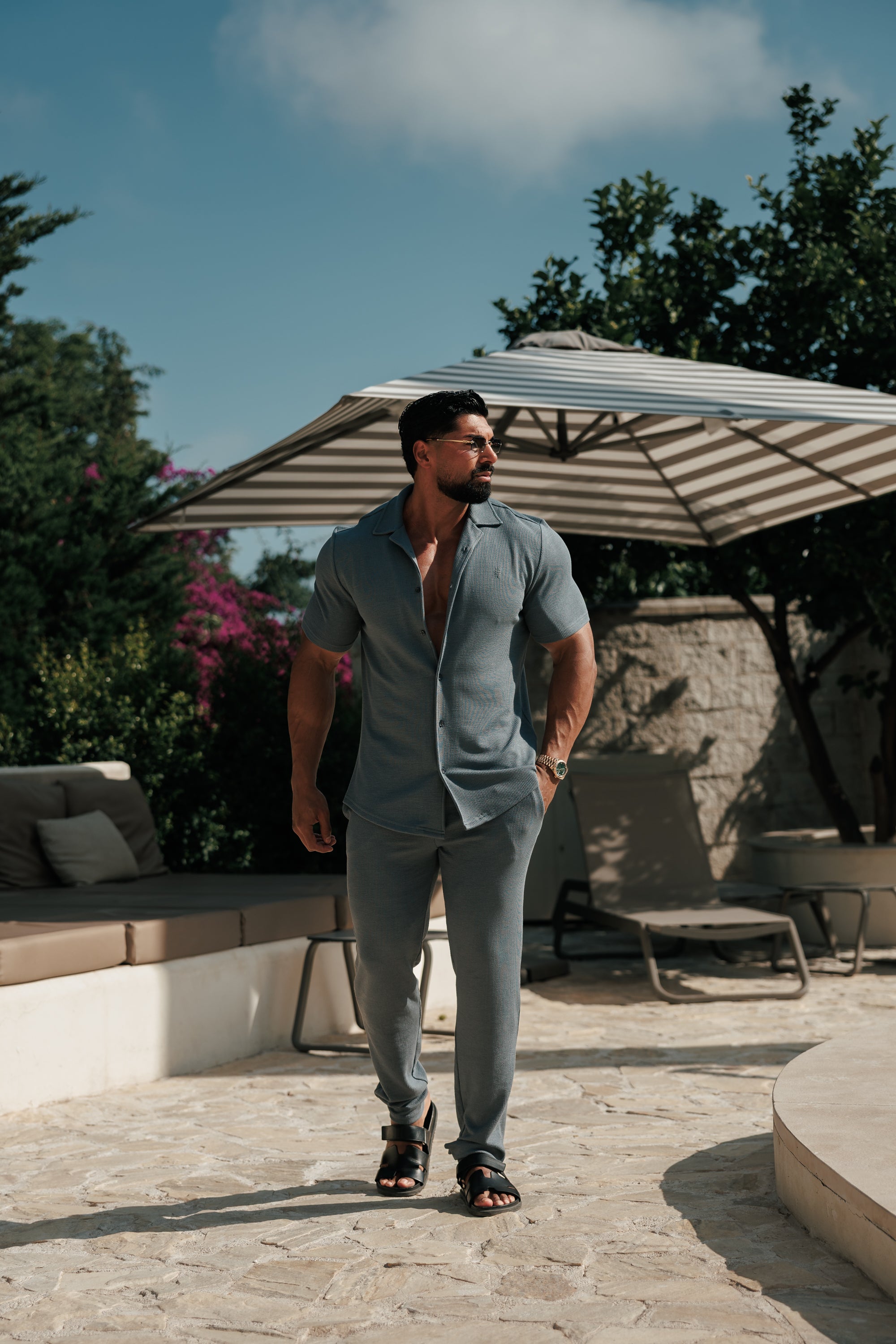 Jersey Cord Stretch Gunmetal Revere Shirt Short Sleeve - FSR076 (PRE ORDER 27TH JULY)