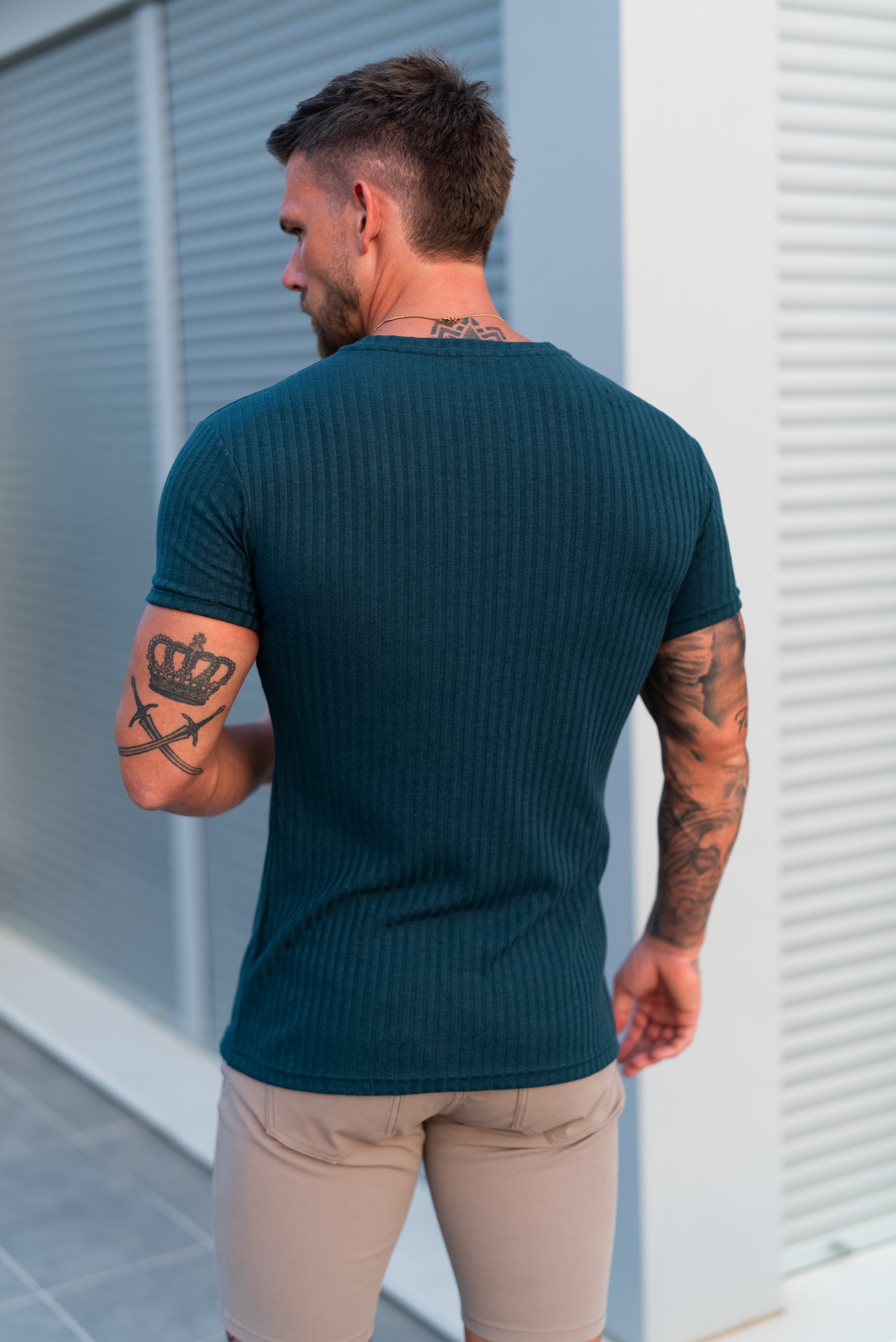 Super Slim Forest Green / Silver V Neck Ribbed Crew - FSH1368