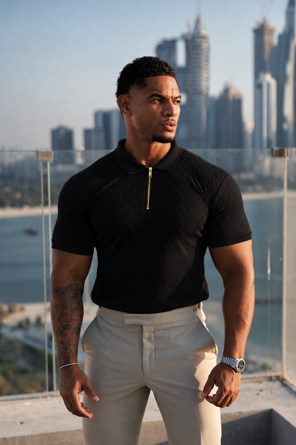 Classic Jacquard Black Chevron Zipped Polo - FSR019