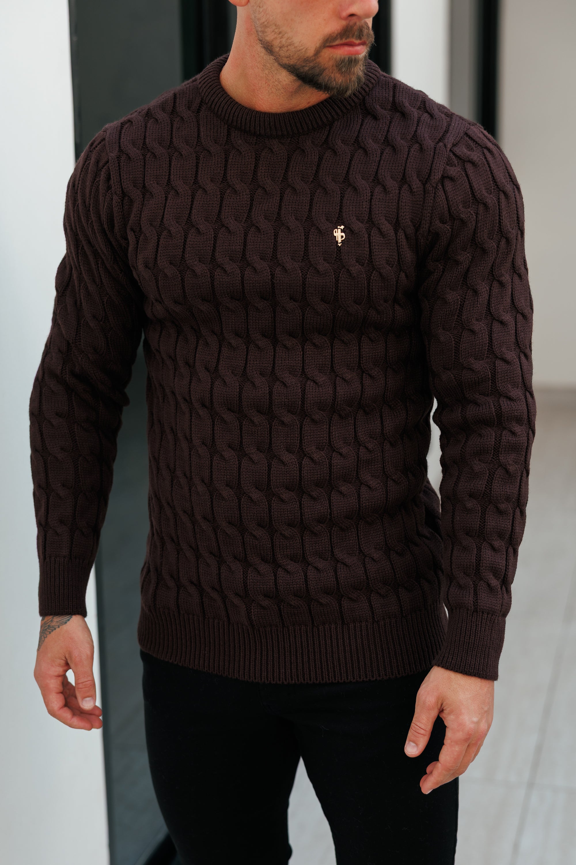 Link Weave Knit Brown Crew Neck Jumper - FSJ141
