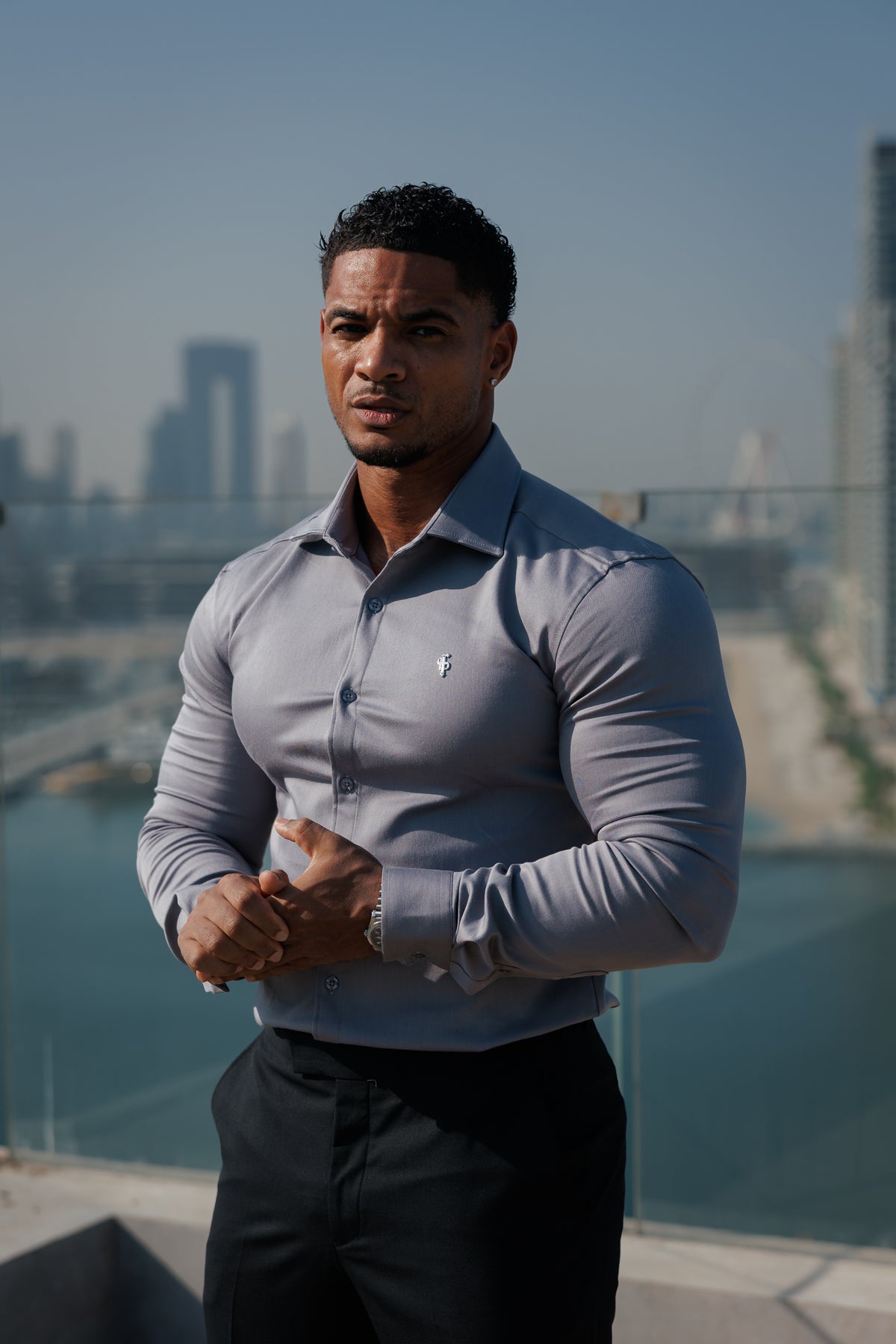 Super Slim Stretch Mid Grey Denim Long Sleeve with Silver Metal Decal and Cutaway Collar - FS1319