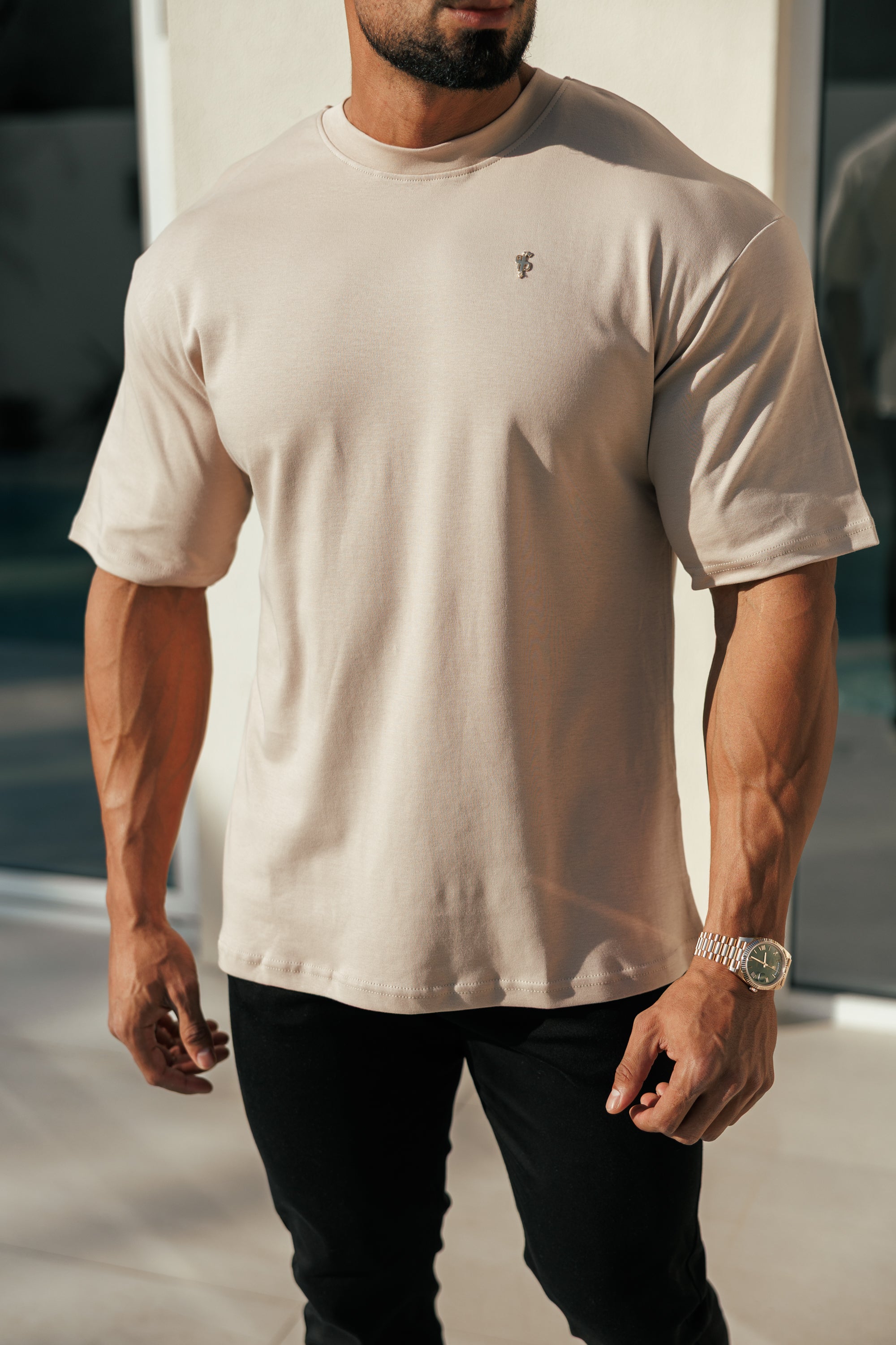 Beige / Gold Oversized Crew T Shirt - FSH1420