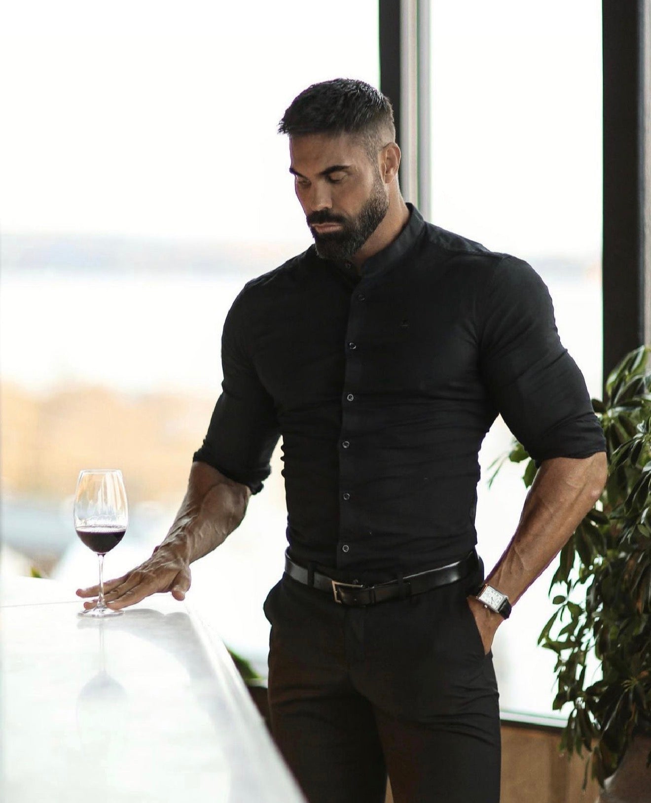 Athena Muscle Fit Advanced Stretch Black Grandad Collar Shirt  - FS1245