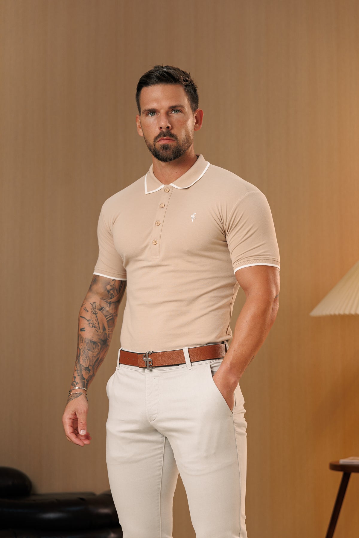 Beige / White Polo Shirt With Contrast Collar and Sleeve - FSH1672