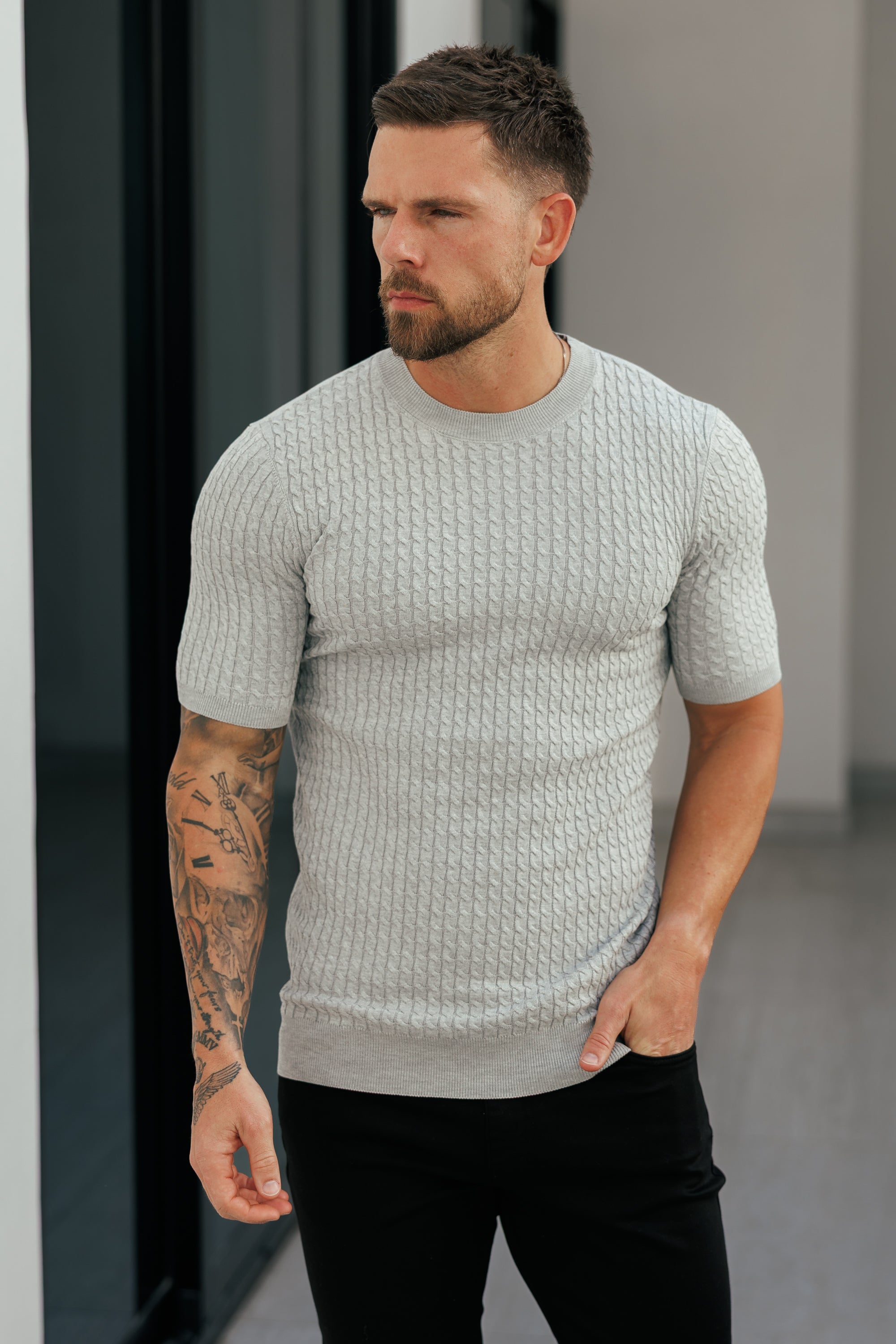 Front Chain Knit Crew Tshirt Silver Grey Short Sleeve  -  FSR056