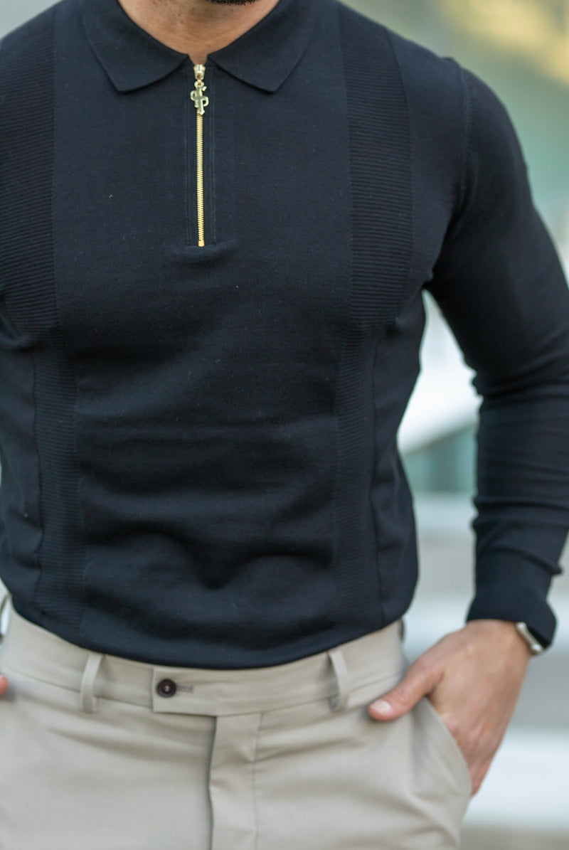 Father Sons Classic Black and Gold Zip Knitted Polo Shirt Long Sleeve - FSN126