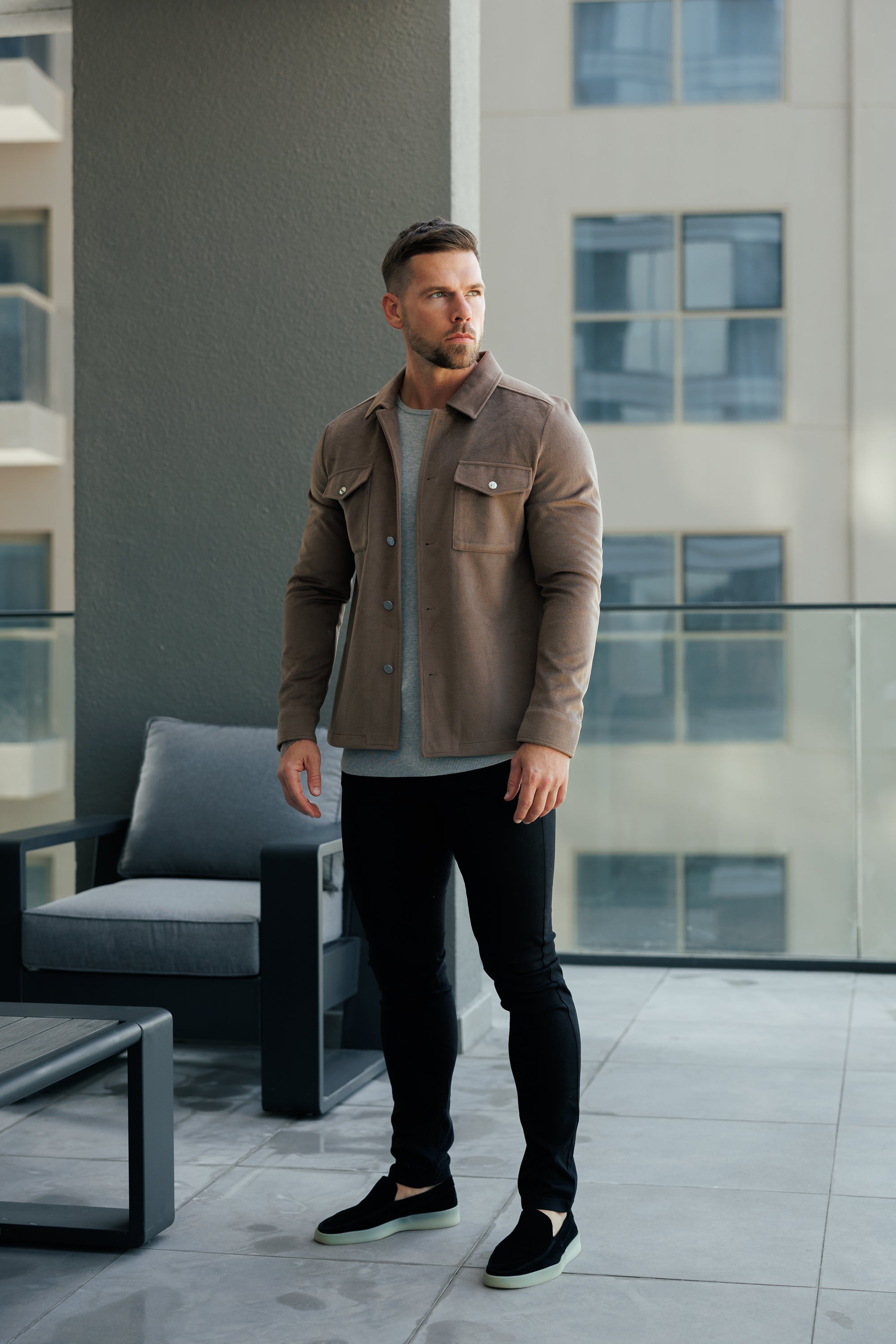 Brushed Button Up Plain Jacket Taupe - FSN184