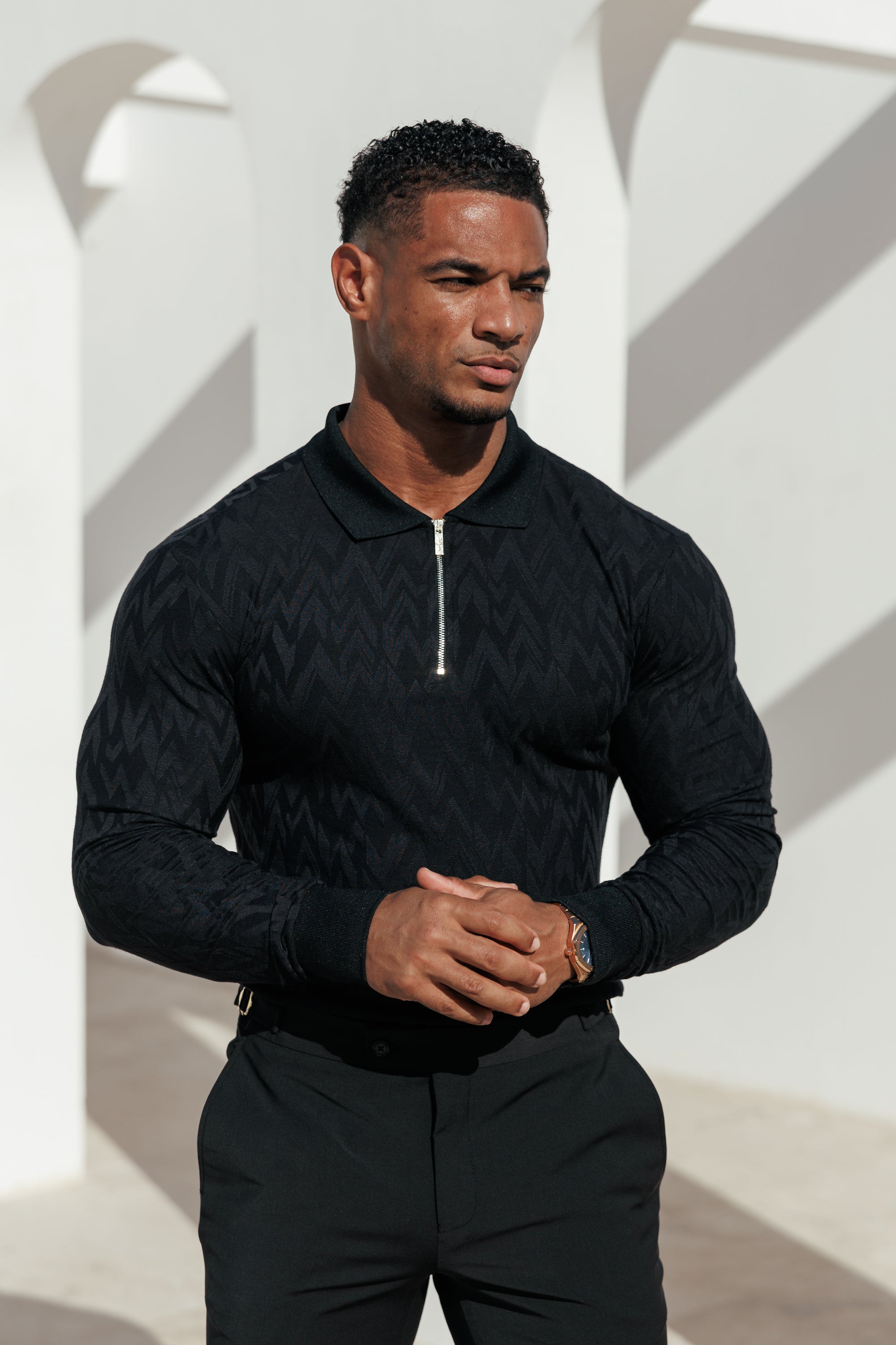 Classic Jacquard Black Chevron Zipped Polo Long Sleeve - FSR043