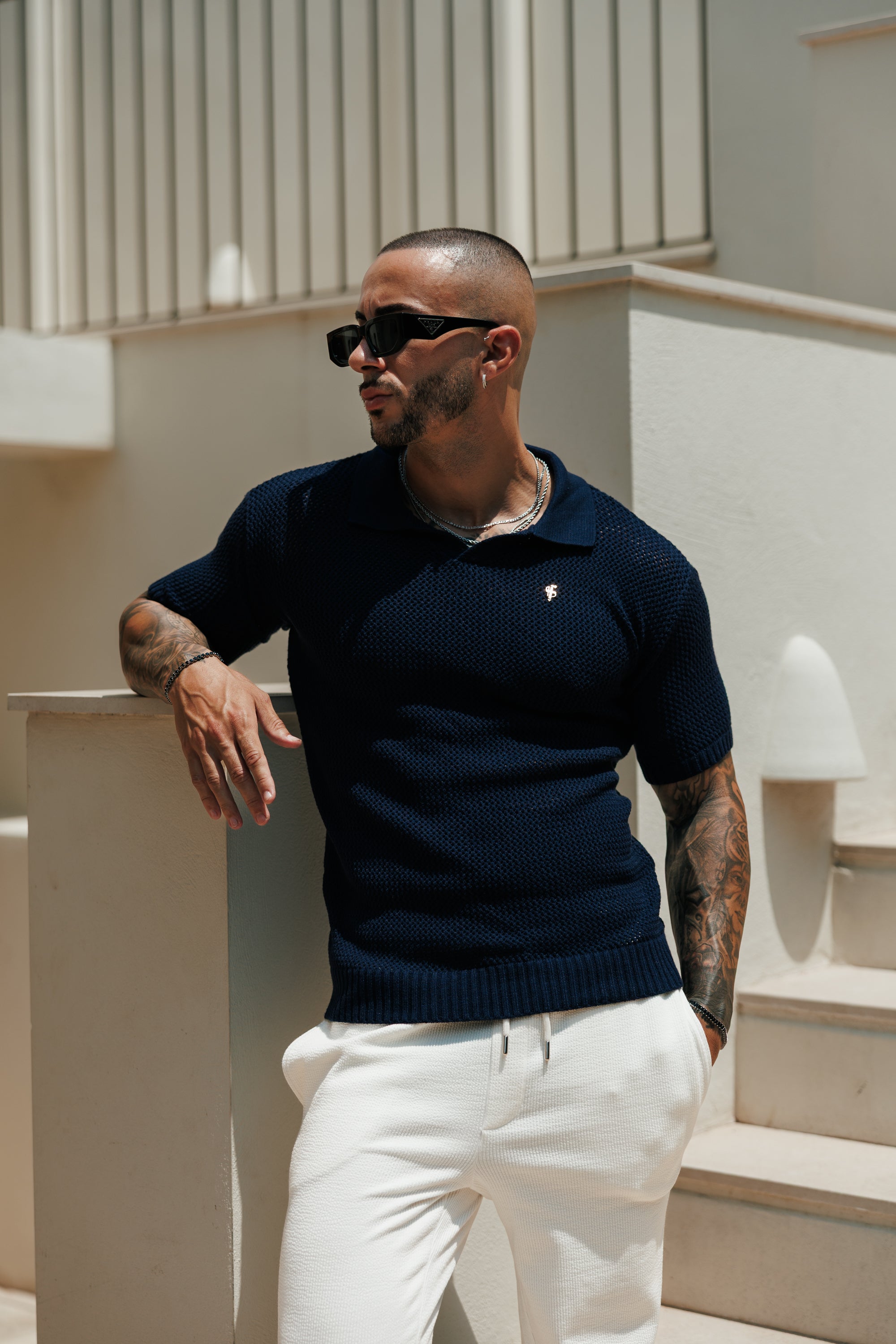 Navy / Gold Plain Crochet Knitted Revere Short Sleeve Polo - FSJ179