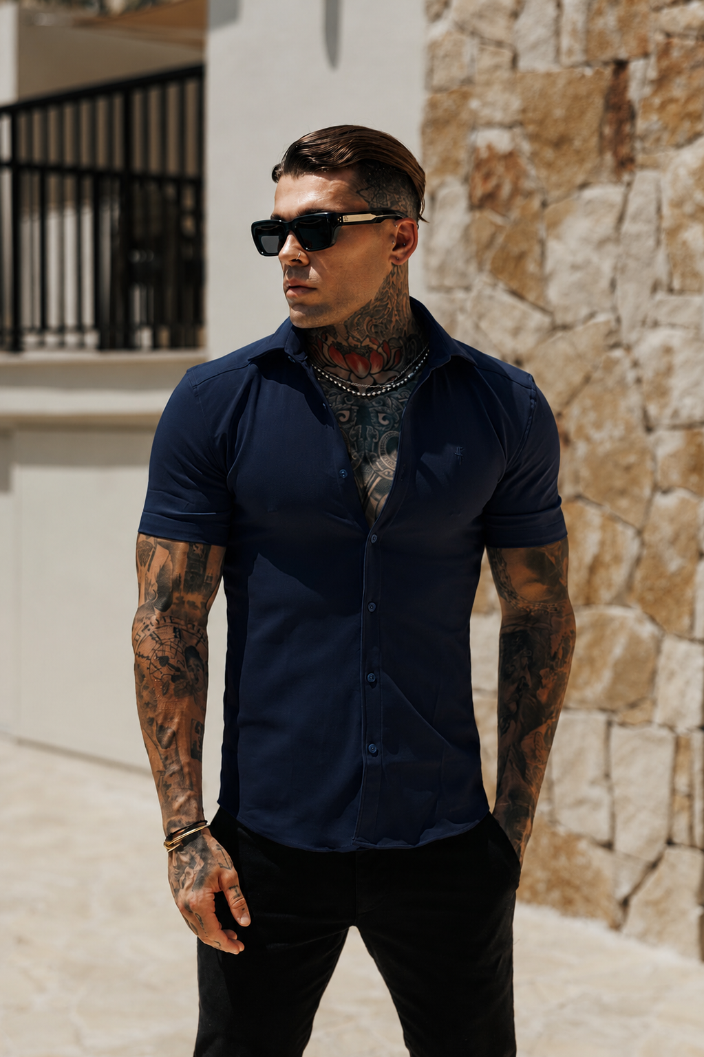 Super Slim Scuba Navy Short Sleeve Stretch with Cutaway Collar - FS1264