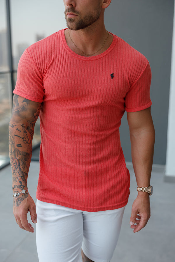 Father Sons Classic Coral / Black Ribbed Knit Super Slim Short Sleeve Crew - FSH1086