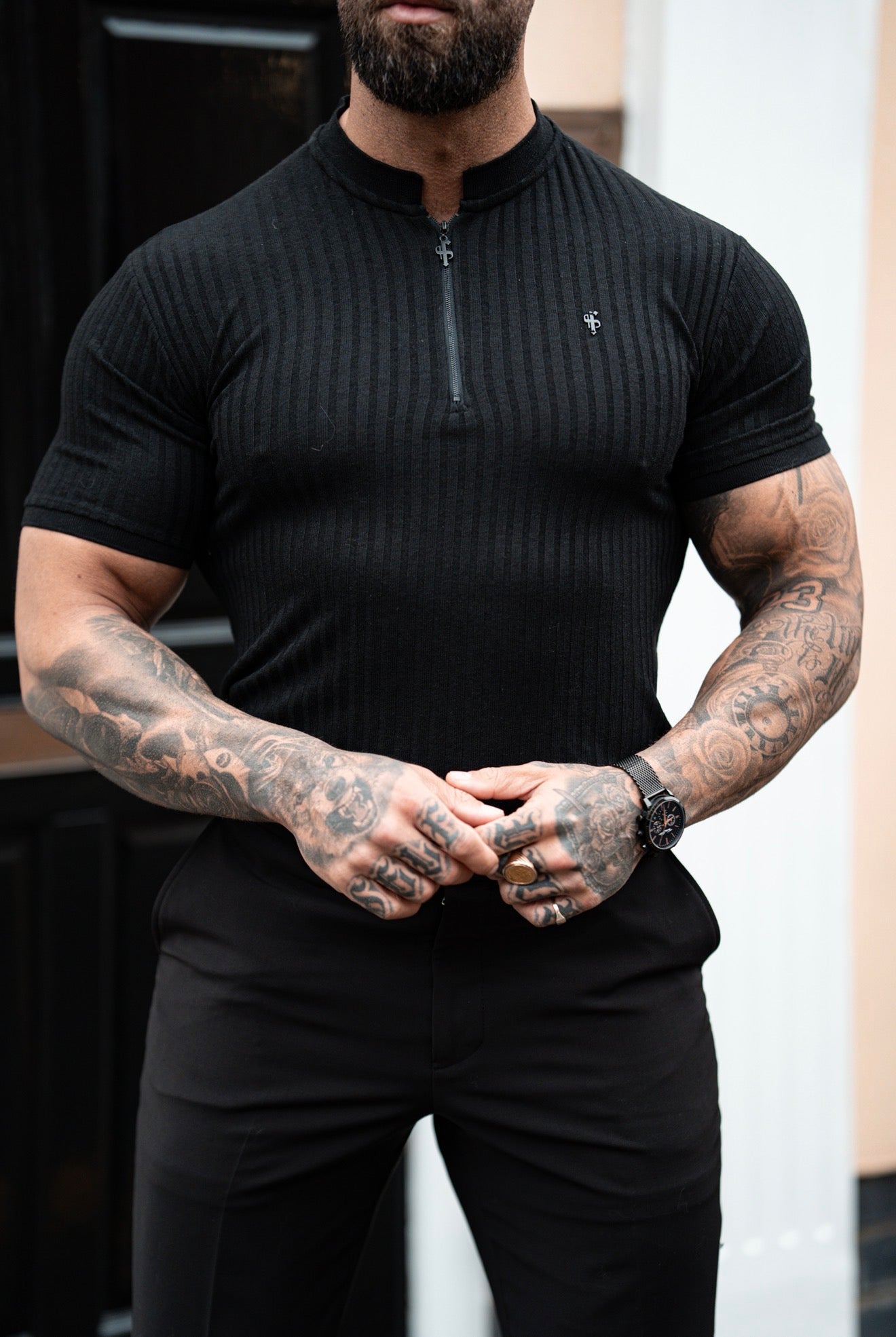 Super Slim Black / Black Ribbed Zip Grandad Collar Shirt Short Sleeve - FSH1446
