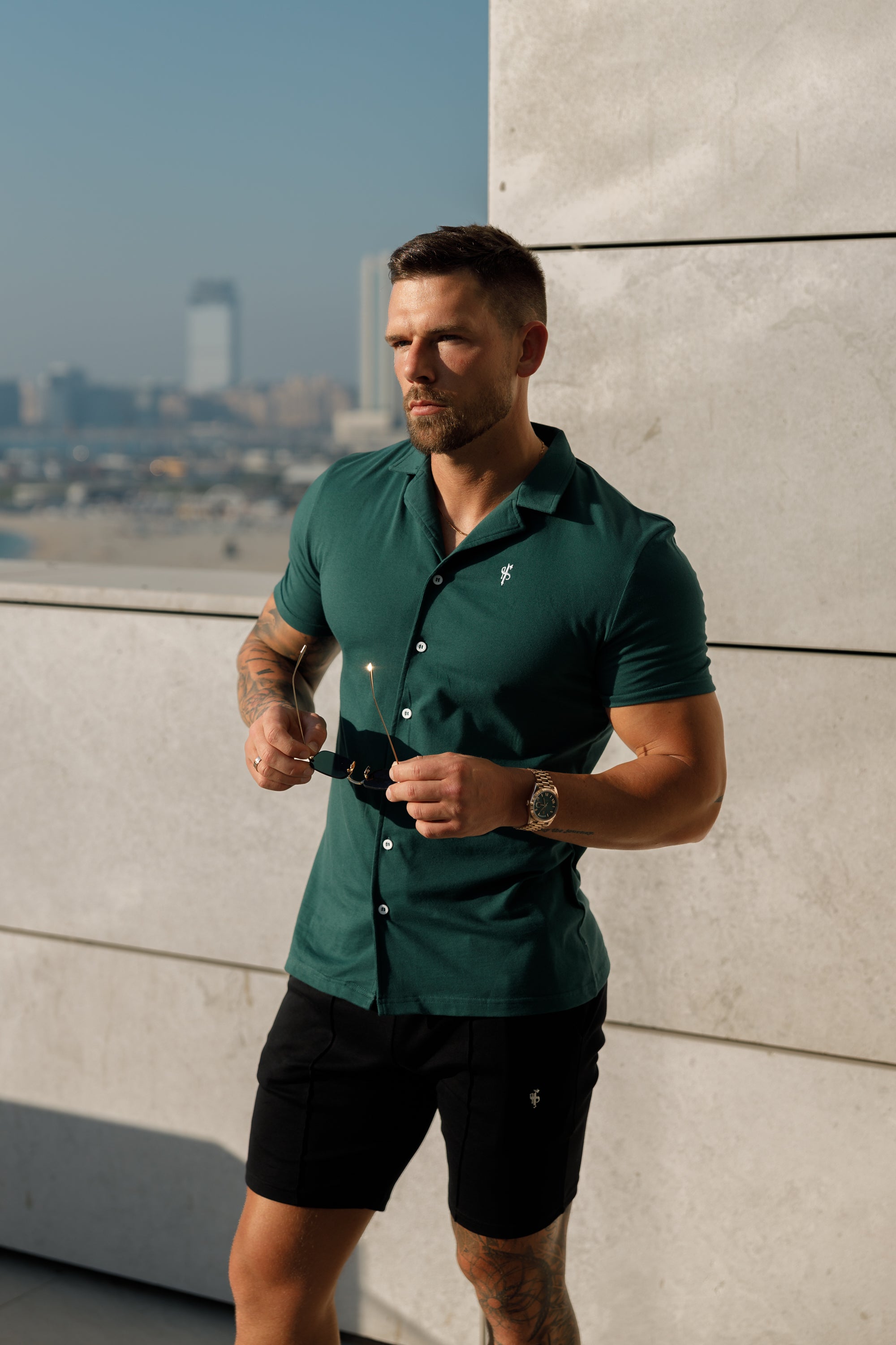 Stretch Green Pique Revere Shirt Short Sleeve - FSH1076