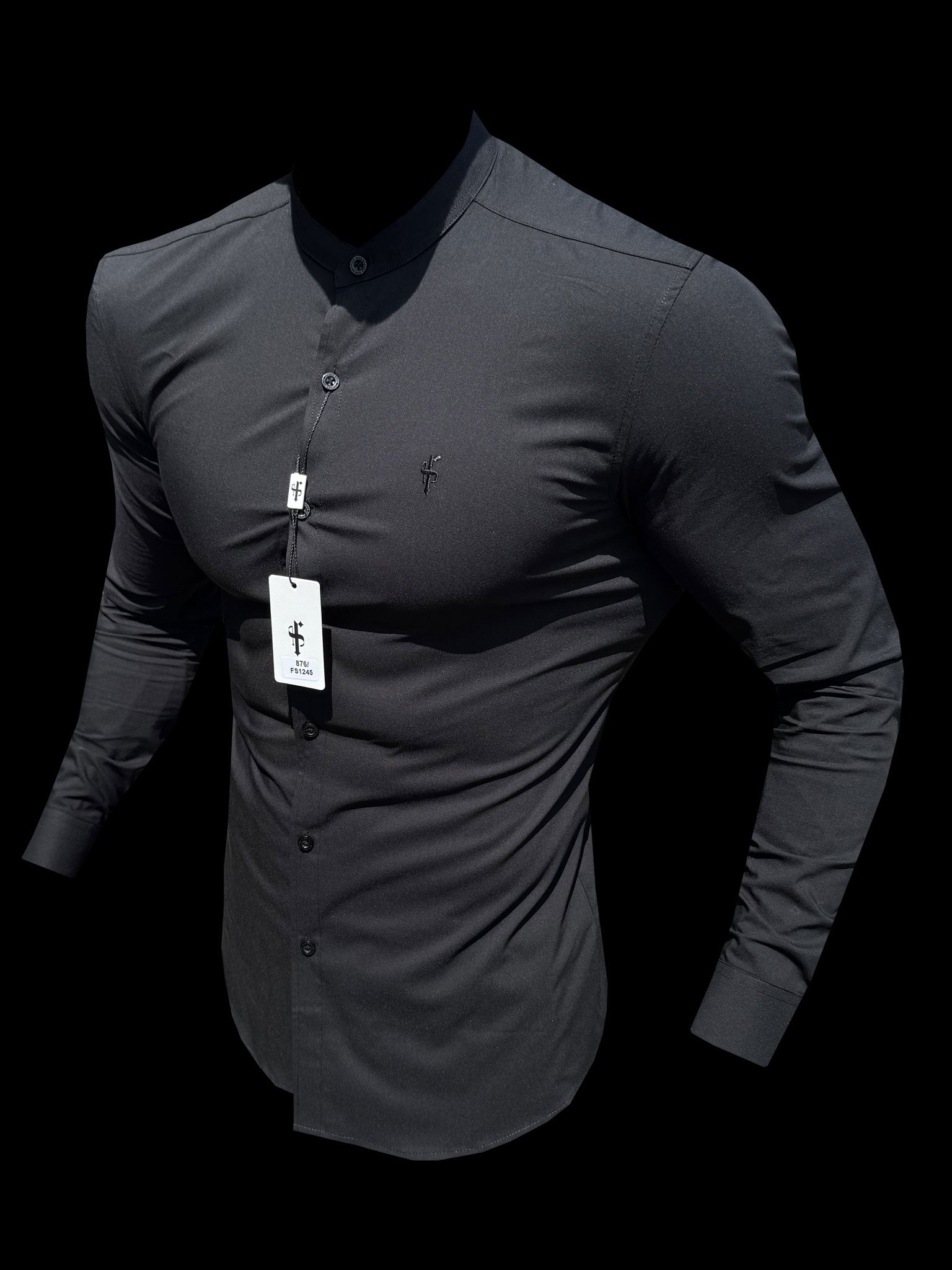 Athena Muscle Fit Advanced Stretch Black Grandad Collar Shirt  - FS1245