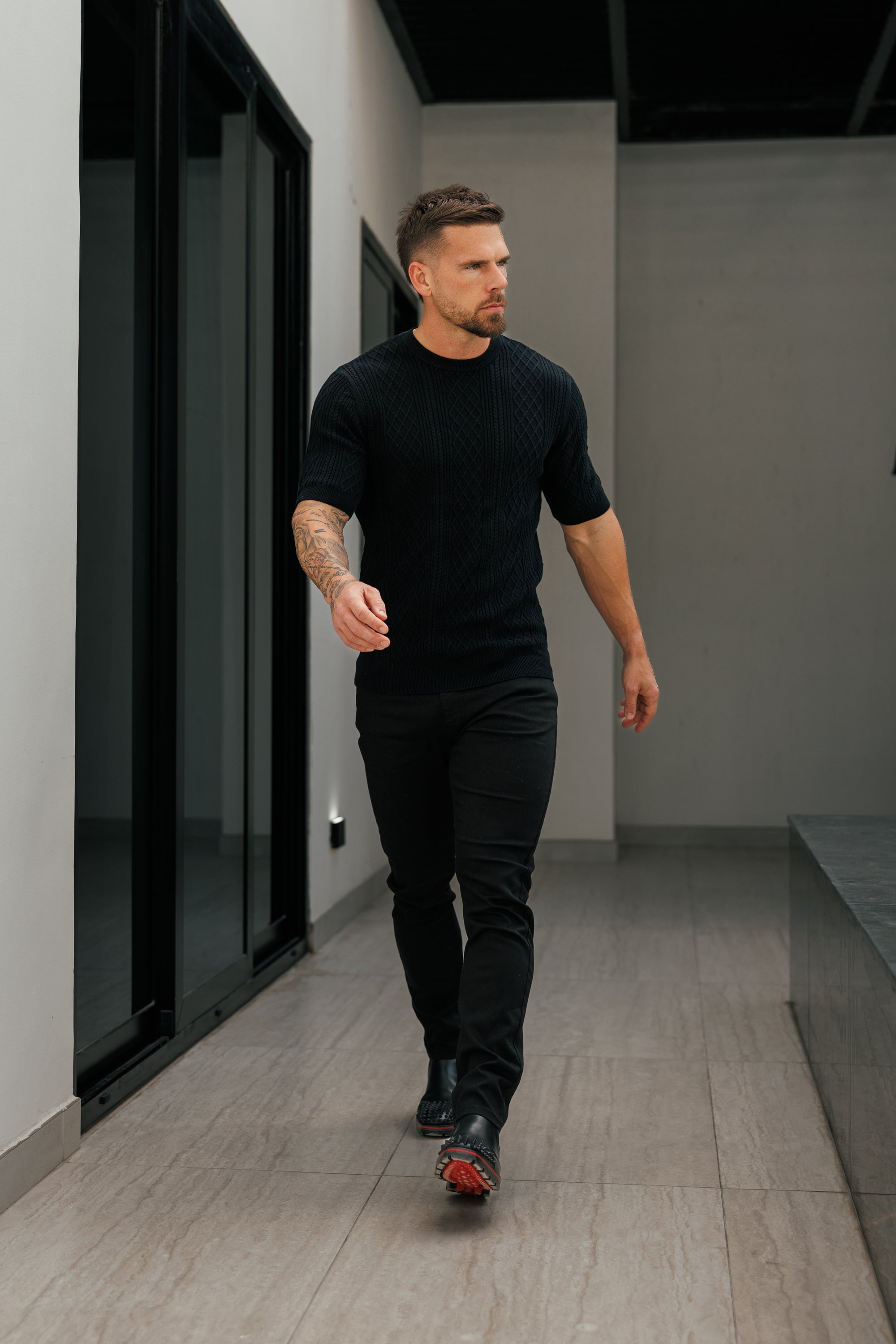 Fine Knit Diamond Black Jumper Short Sleeve - FSA010