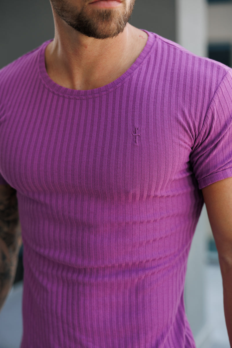 Father Sons Classic Light Purple Ribbed Knit Super Slim Short Sleeve Crew - FSH1161