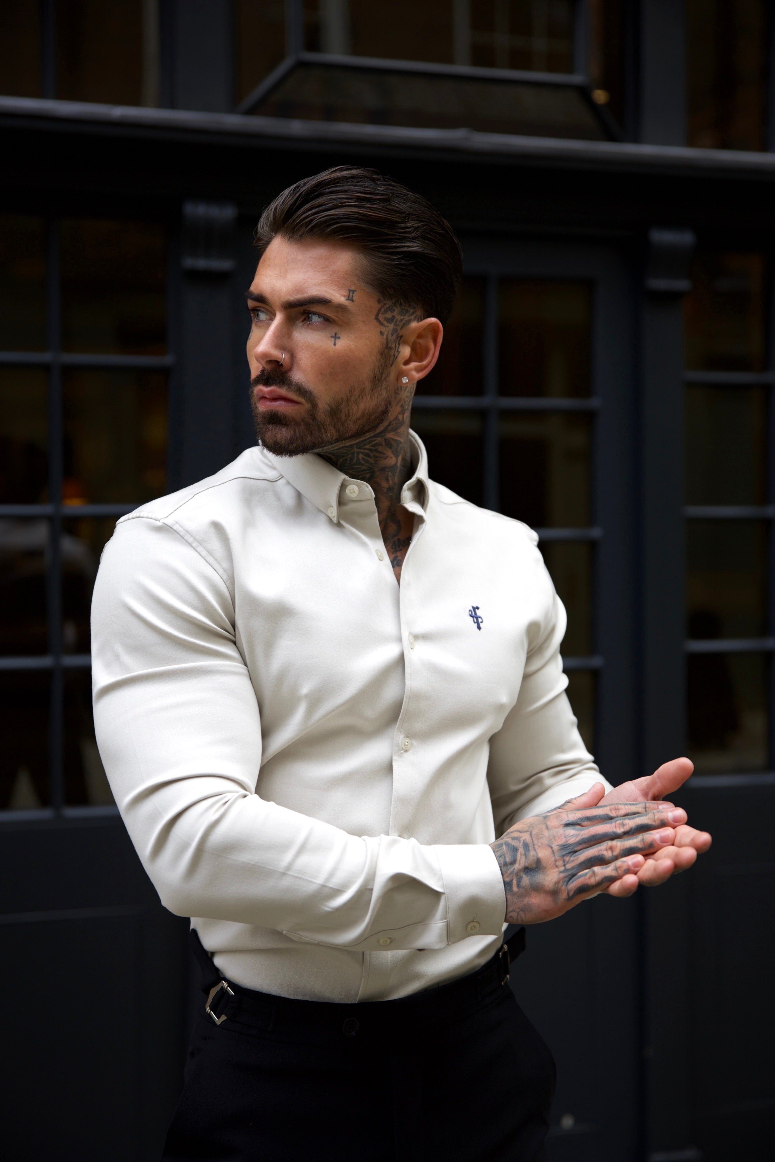 Super Slim Stretch Oatmeal Denim Long Sleeve With Button Down Collar - FS1024