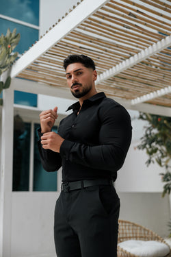 Father Sons Super Slim Scuba Black Long Sleeve Stretch with Back Box Pleat and Side Seam Detail - FS998