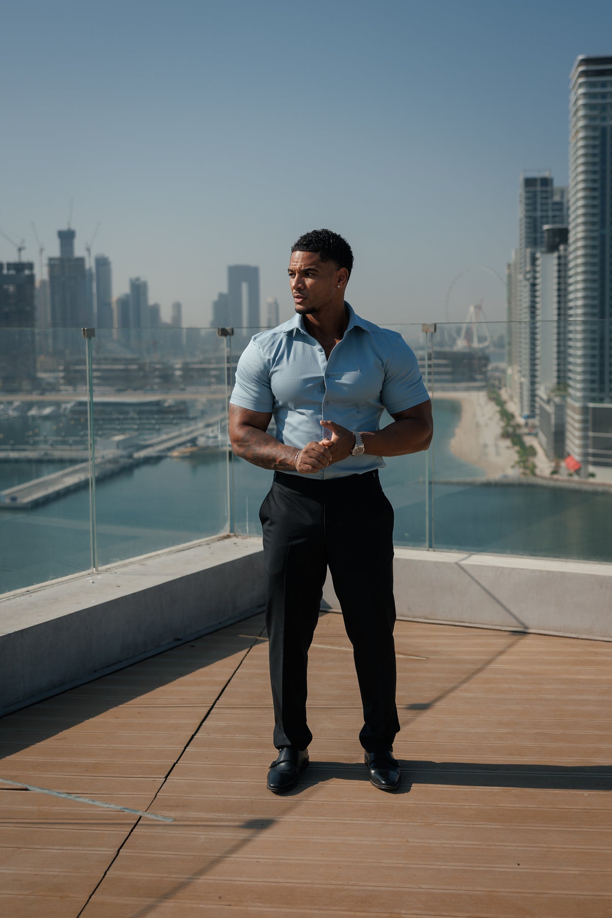 Super Slim Stretch Steel Blue Denim Short Sleeve with Silver Metal Decal and Cutaway Collar - FS1321