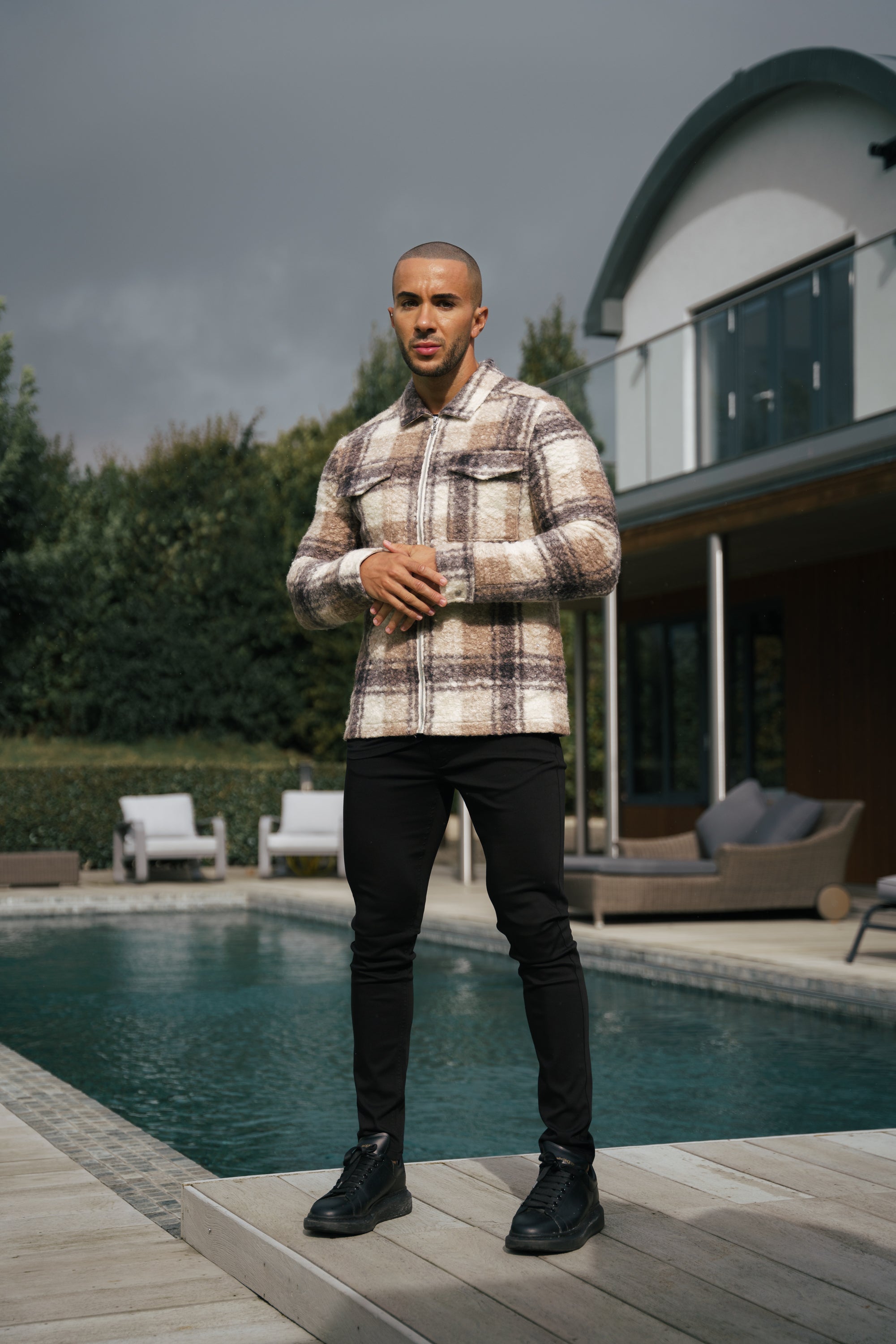 Boucle Zipped Check Jacket Taupe - FSN155