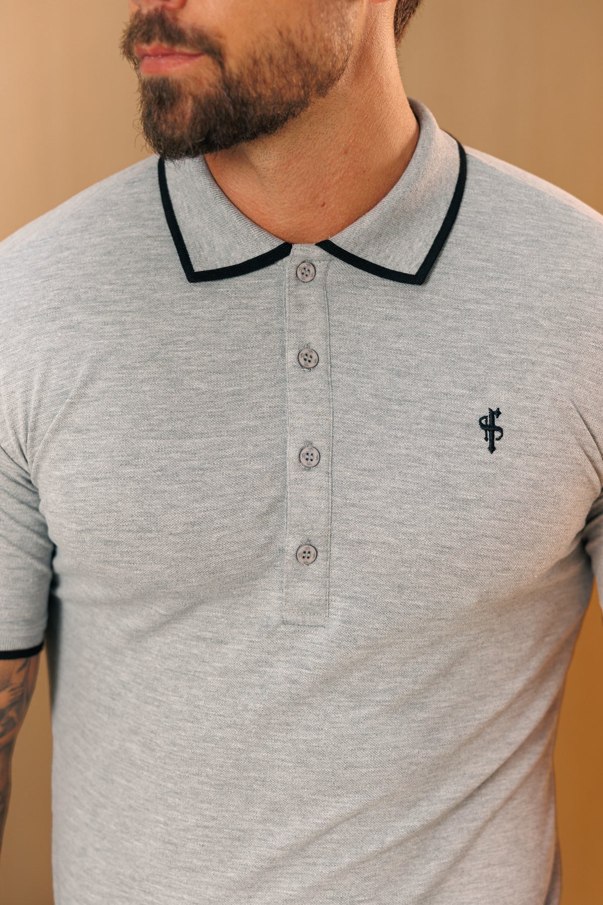 Light Grey / Black Polo Shirt With Contrast Collar and Sleeve - FSH1674