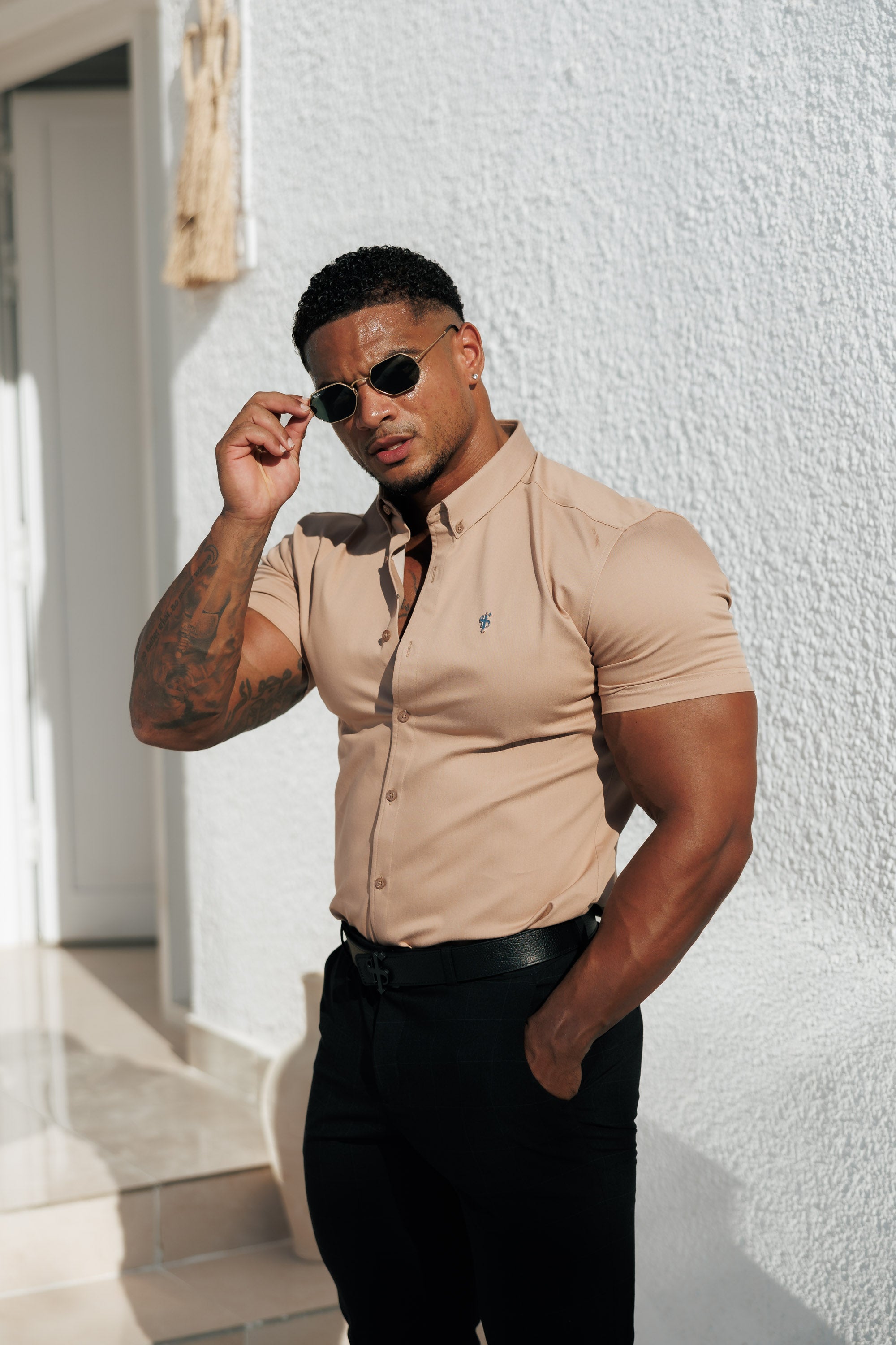 Super Slim Stretch Light Tan Denim Short Sleeve with Button Down Collar - FS1133