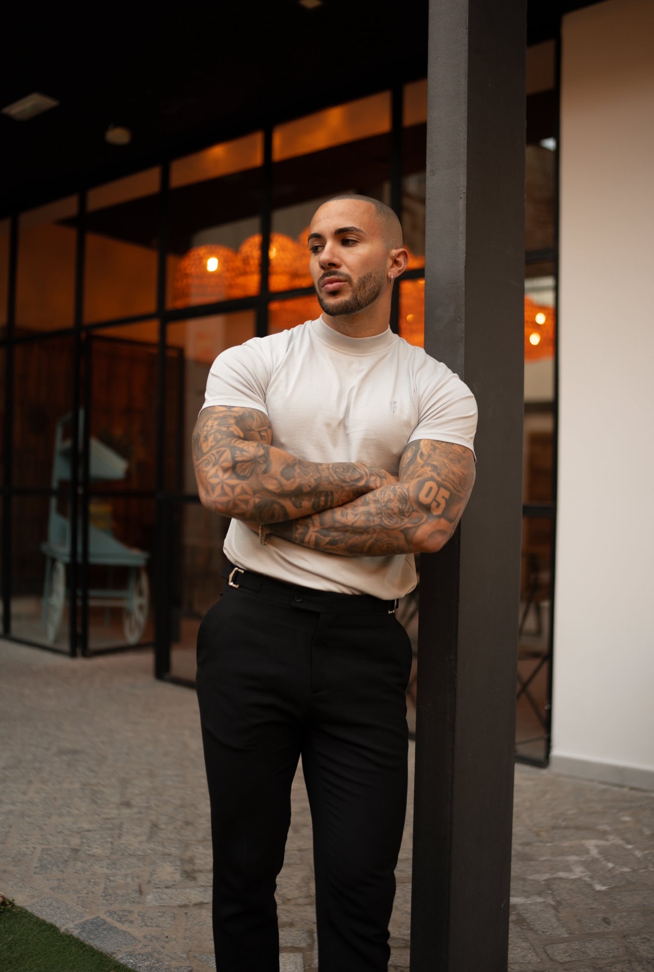 Ribbed High Neck Crew Short Sleeve Light Grey - FSH1142