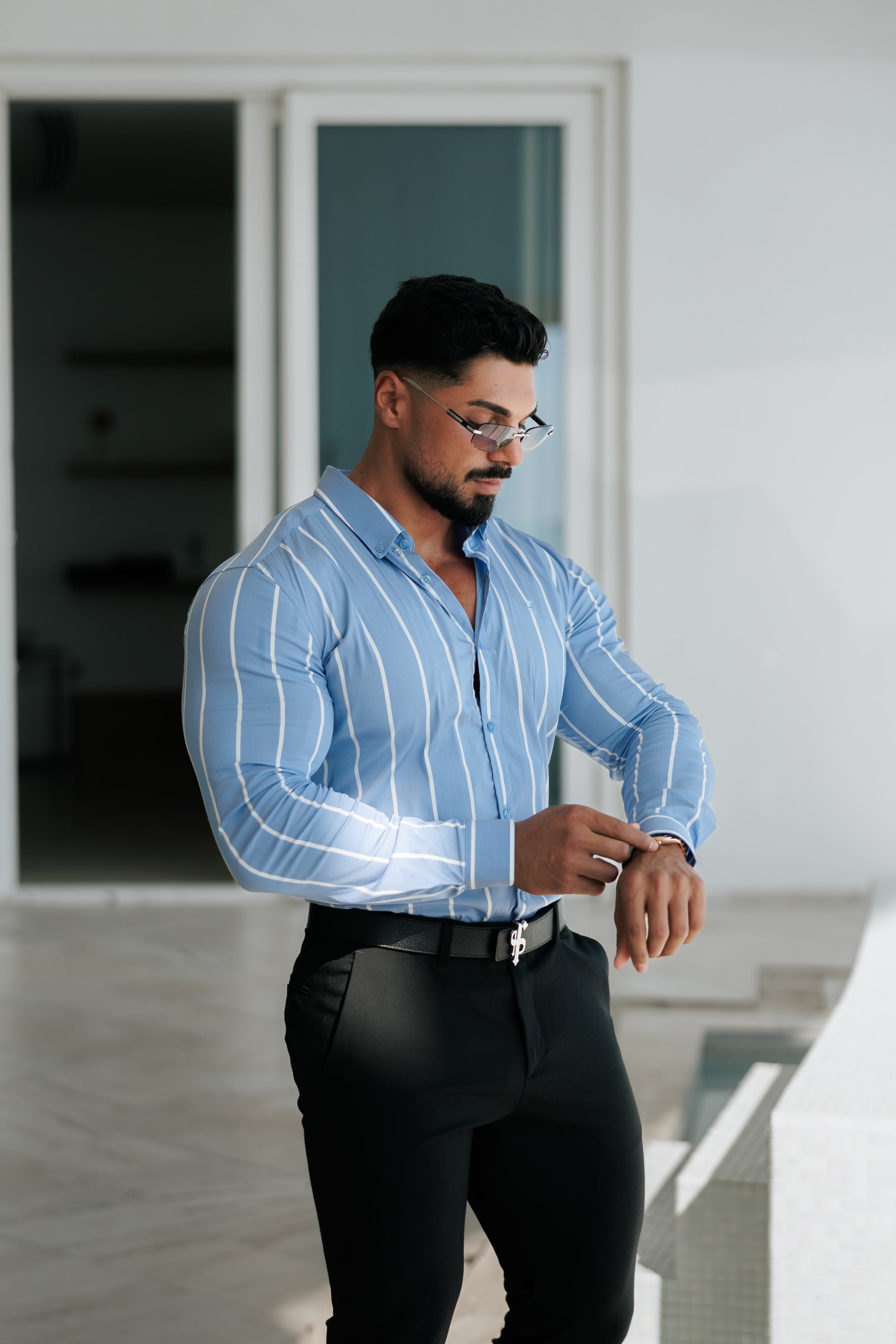 Super Slim Stretch Blue Printed Wide Stripe Long Sleeve with Button Down Collar - FS1053