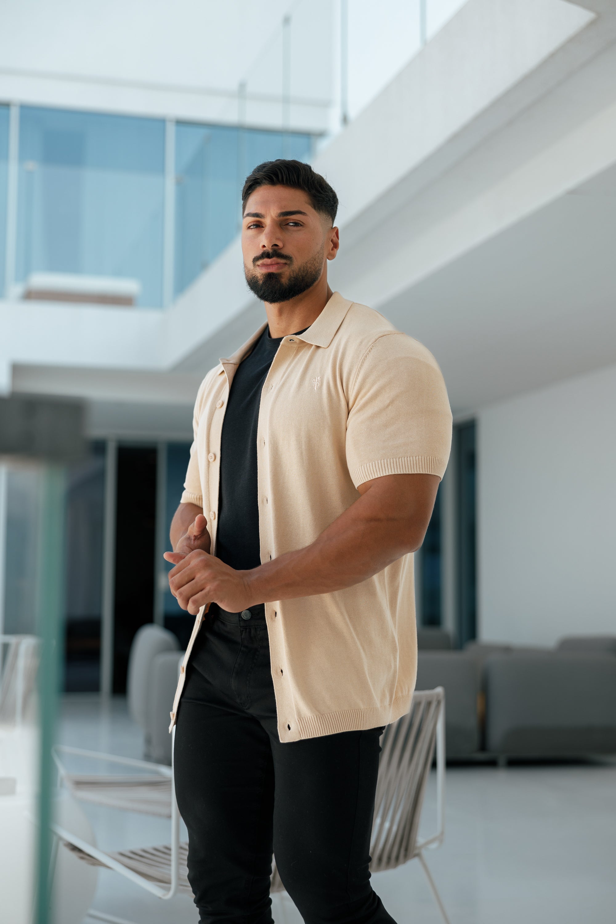 Classic Plain Beige Knitted Button Through Polo Short Sleeve - FSN104