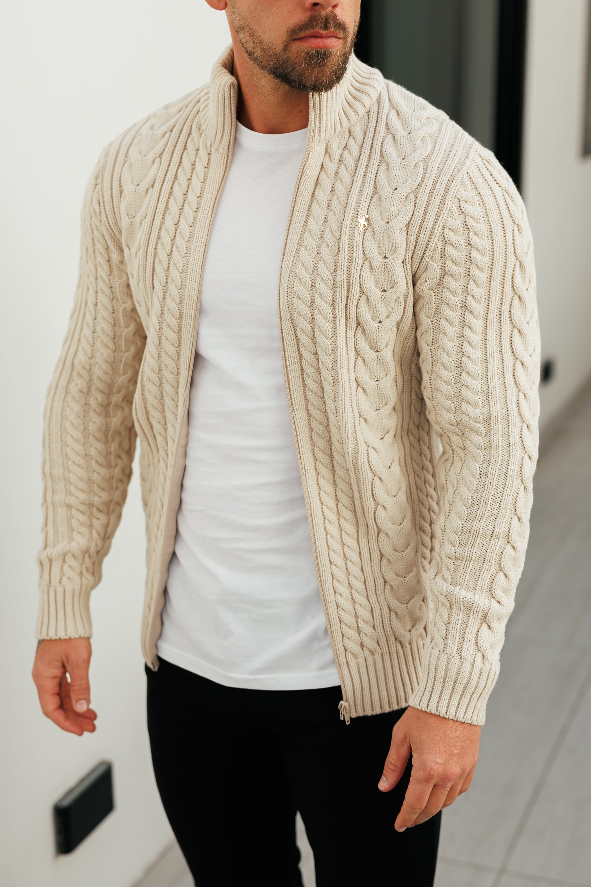 Chunky Zipped Cardigan Beige -  FSJ150