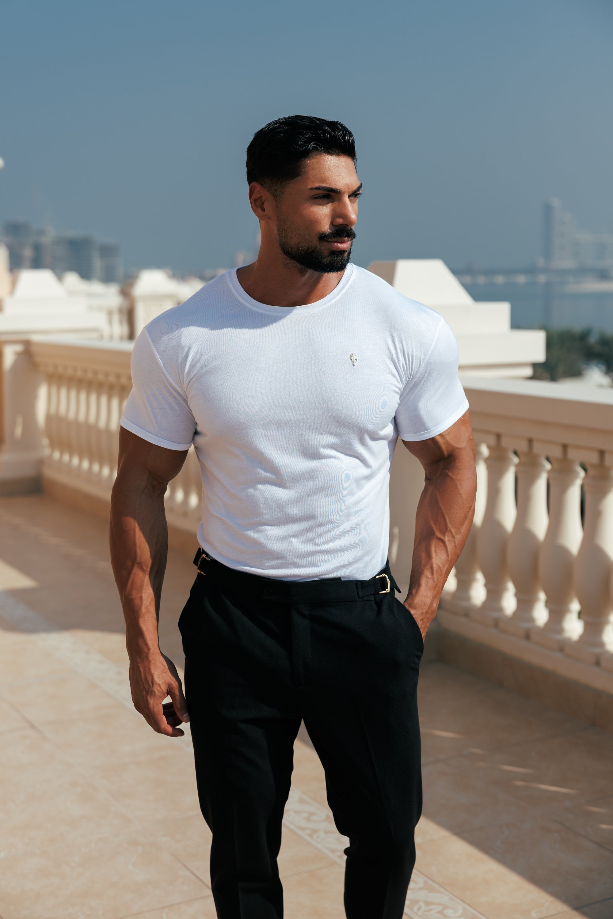 White Bamboo Crew Tshirt with Gold Metal Emblem Decal FSH1381