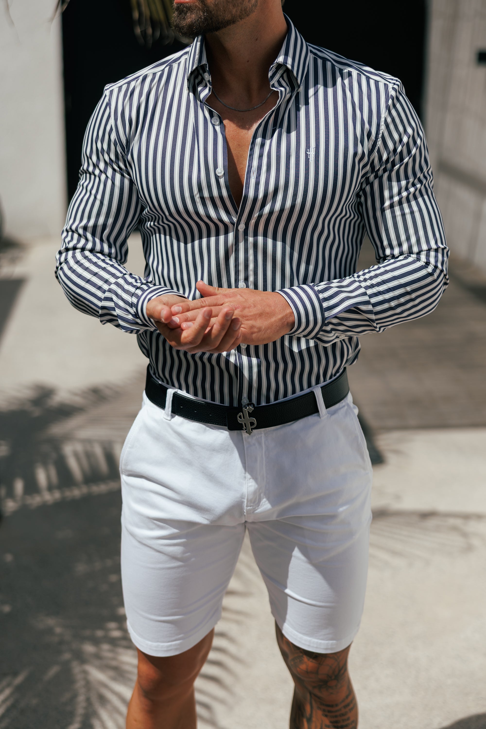 Super Slim Stretch Sateen Touch White / Navy Double Stripe Long Sleeve  -  FS1287 (PRE ORDER 28TH AUGUST)