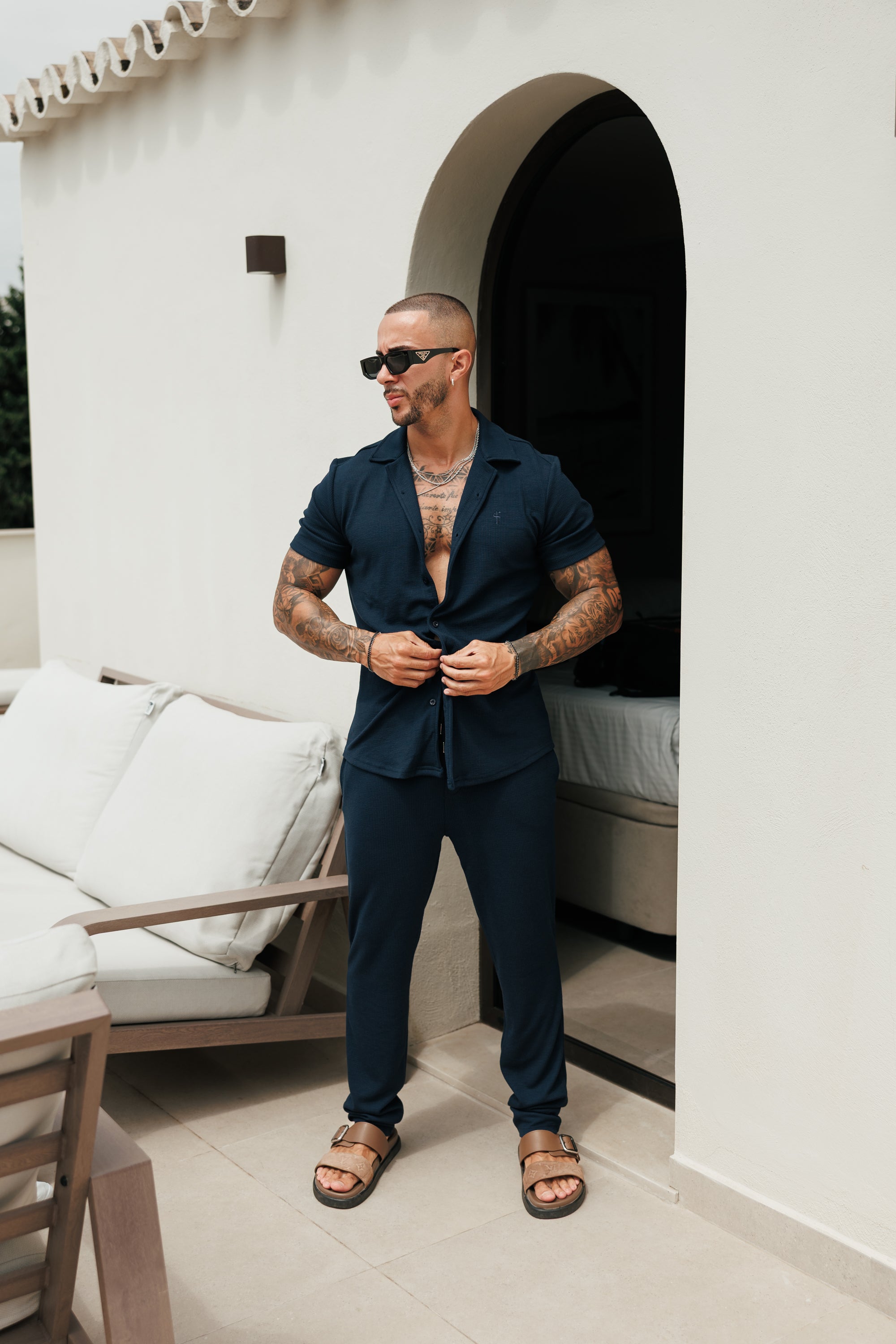 Jersey Cord Stretch Navy Revere Shirt Short Sleeve - FSR071 (PRE ORDER 18TH JULY)