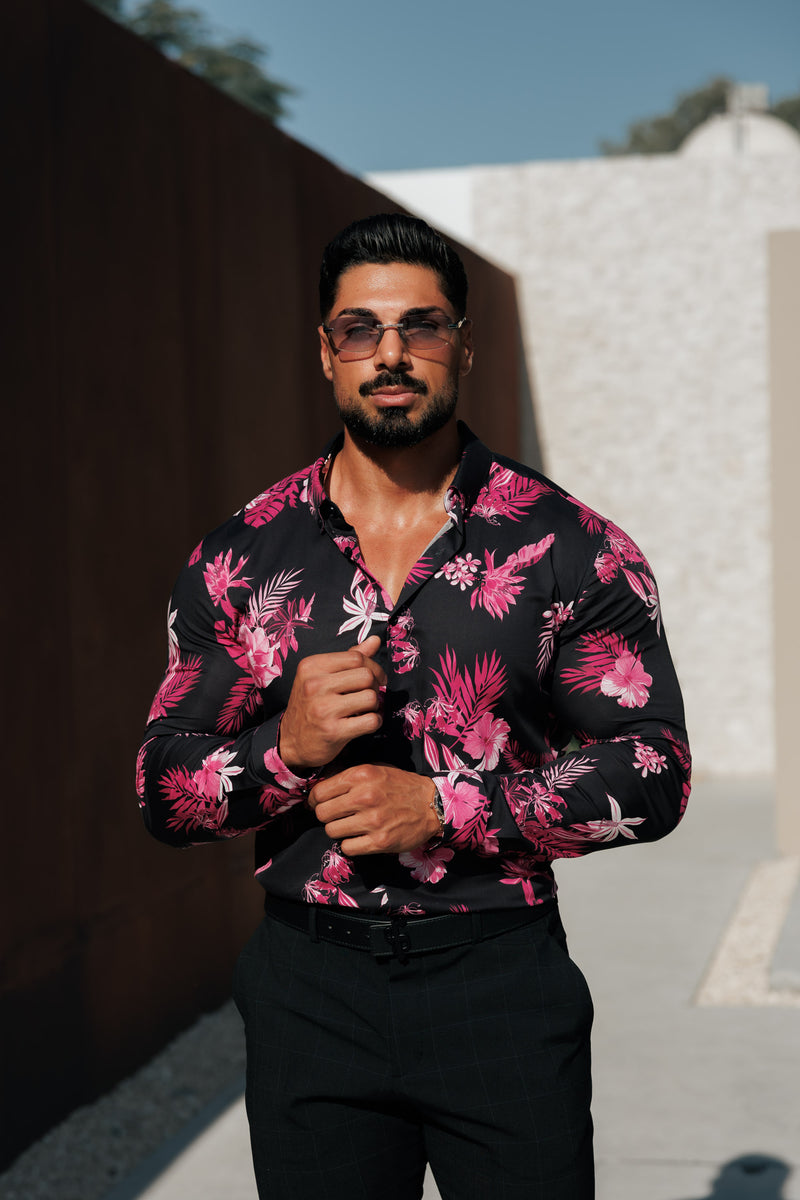 Classic Stretch LS Black / Bright Pink Floral Print Button Down Collar - FS1153