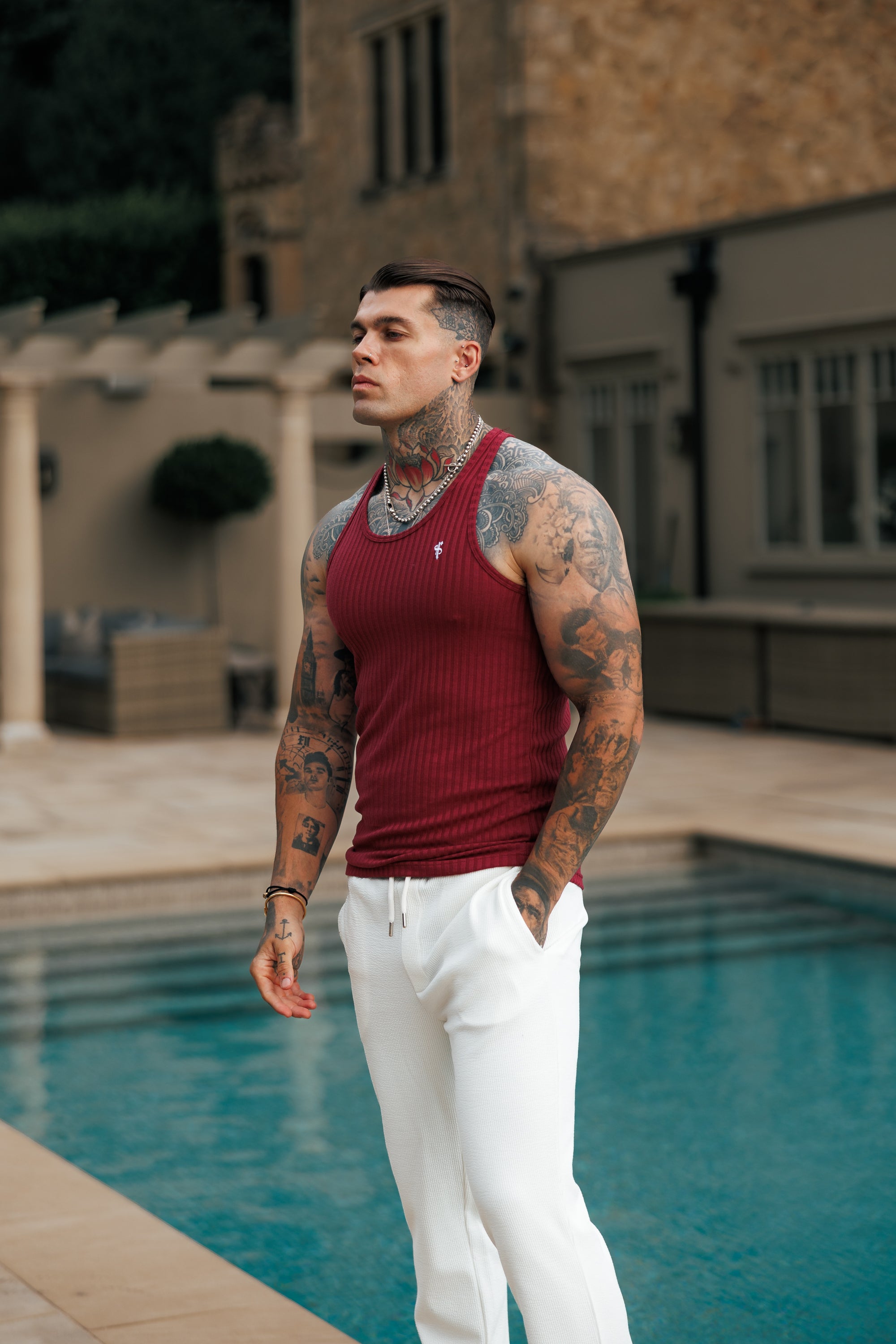 Burgundy / White Ribbed Knit Super Slim Vest - FSH1326
