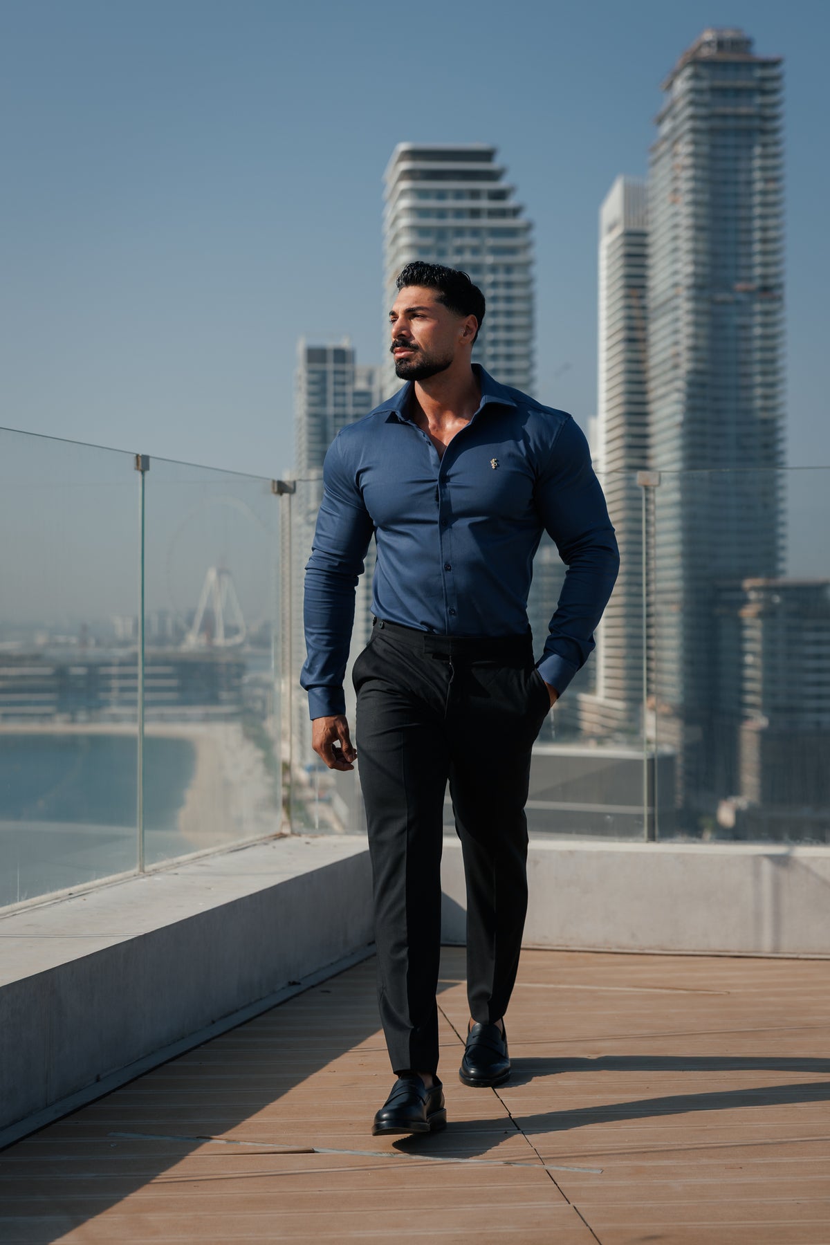 Super Slim Stretch New Navy Denim Long Sleeve with Gold Metal Decal and Cutaway Collar - FS1314