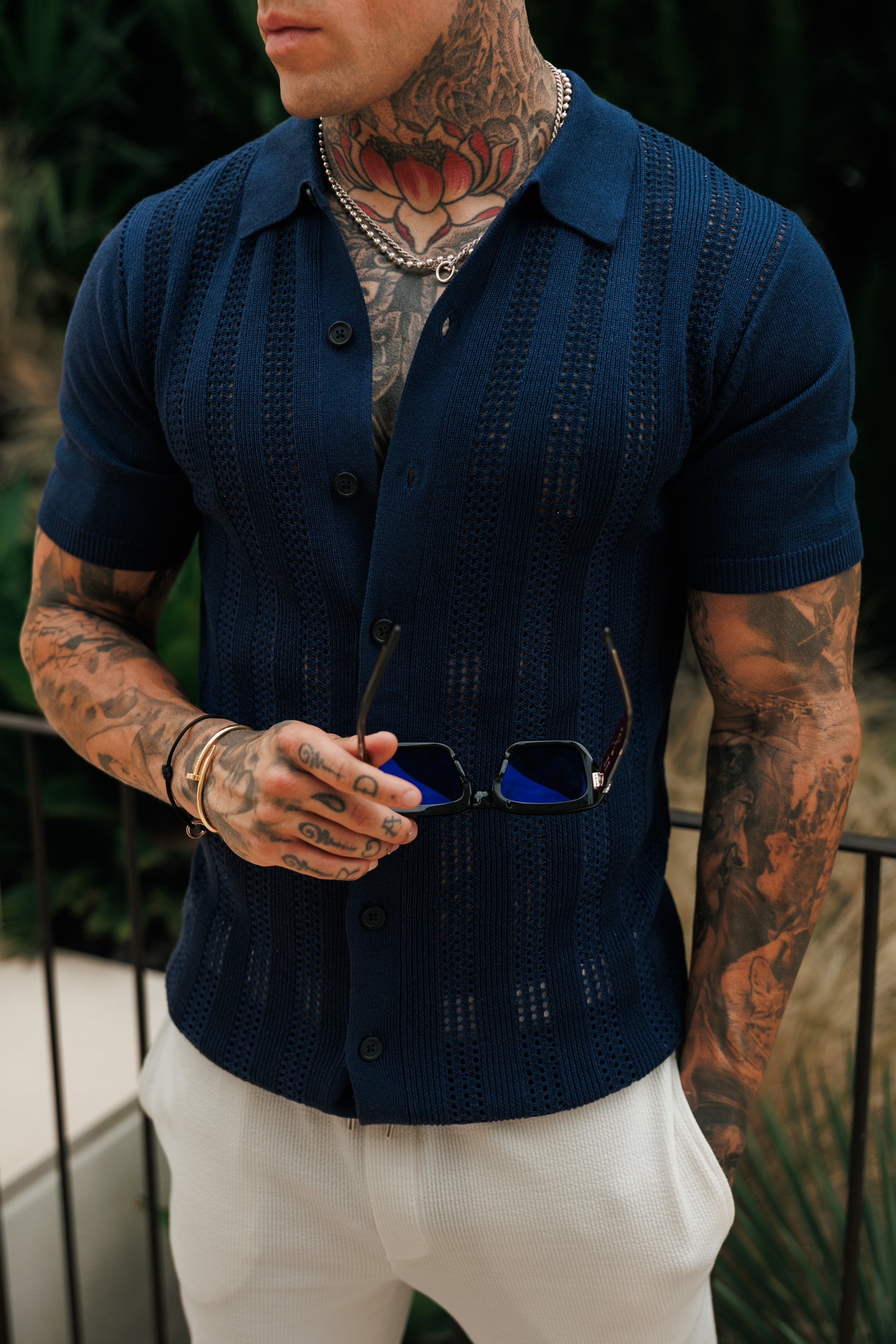 Navy Stripe Perforated Shirt Short Sleeve -  FSA020 (PRE ORDER 31ST AUGUST)