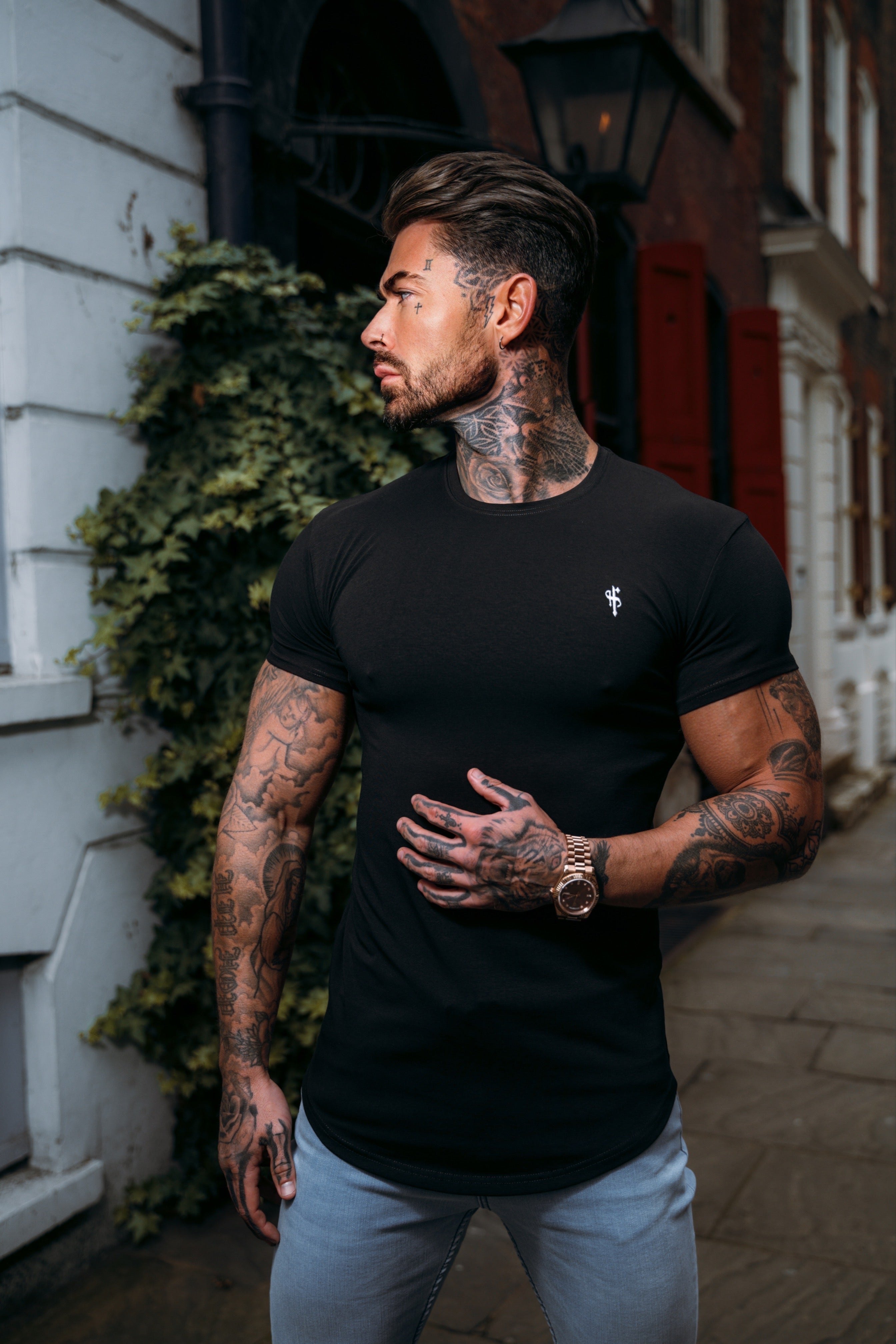 Classic Baby Blue Tonal Curved Hem Crew T Shirt