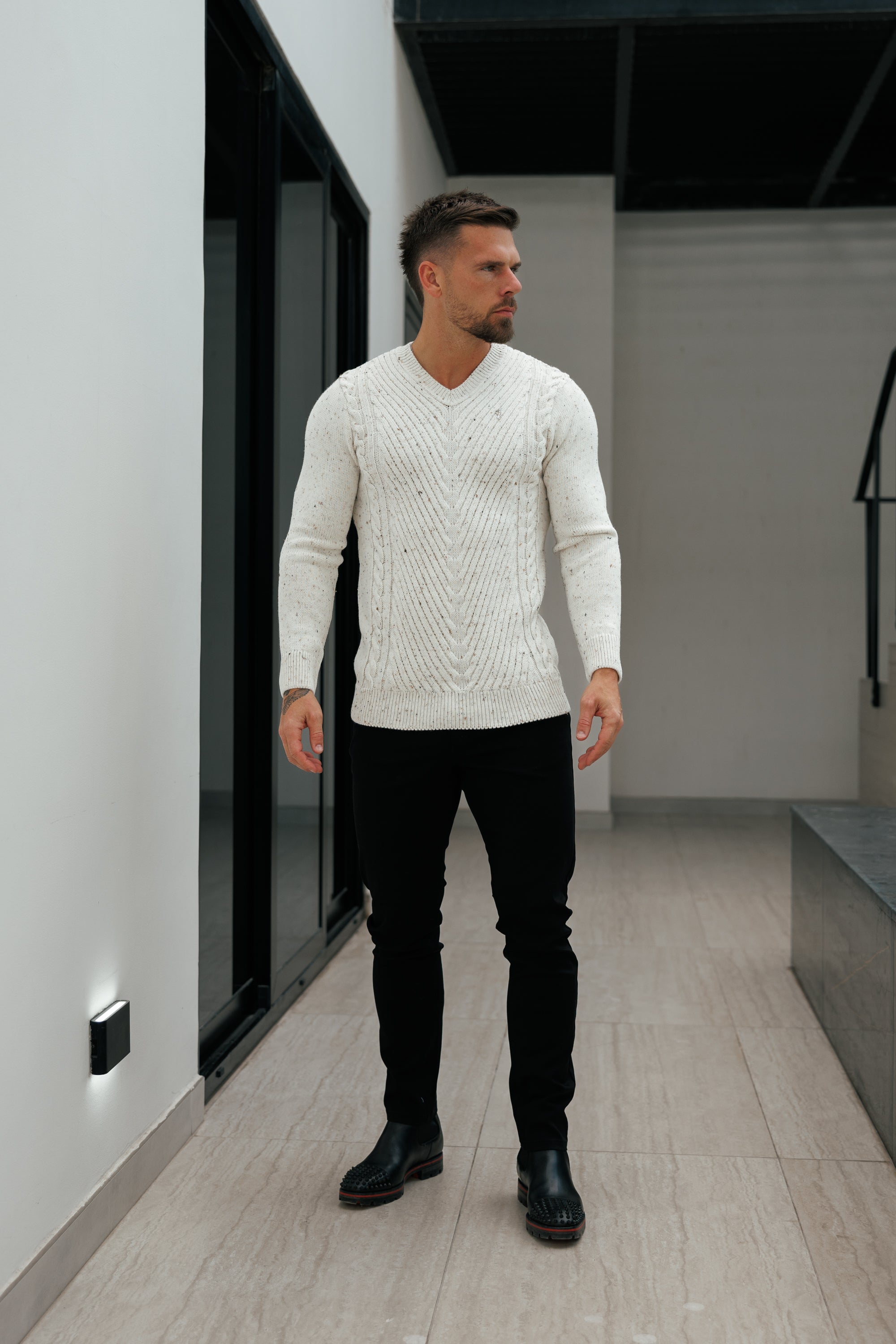 Chevron Front Beige Fleck V Neck Jumper - FSJ153