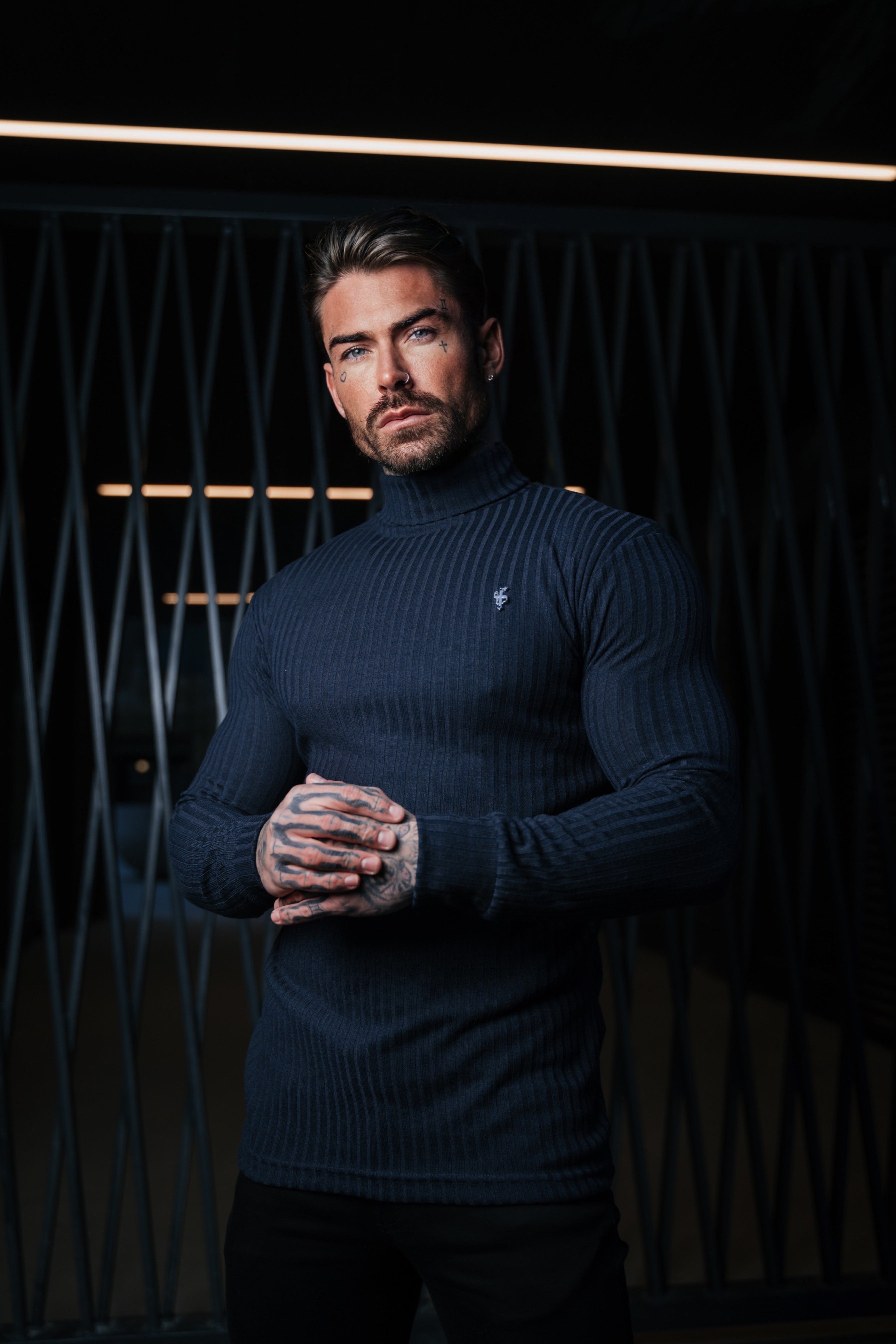 Classic Navy / Silver Ribbed Knit Roll-neck Jumper - FSH958