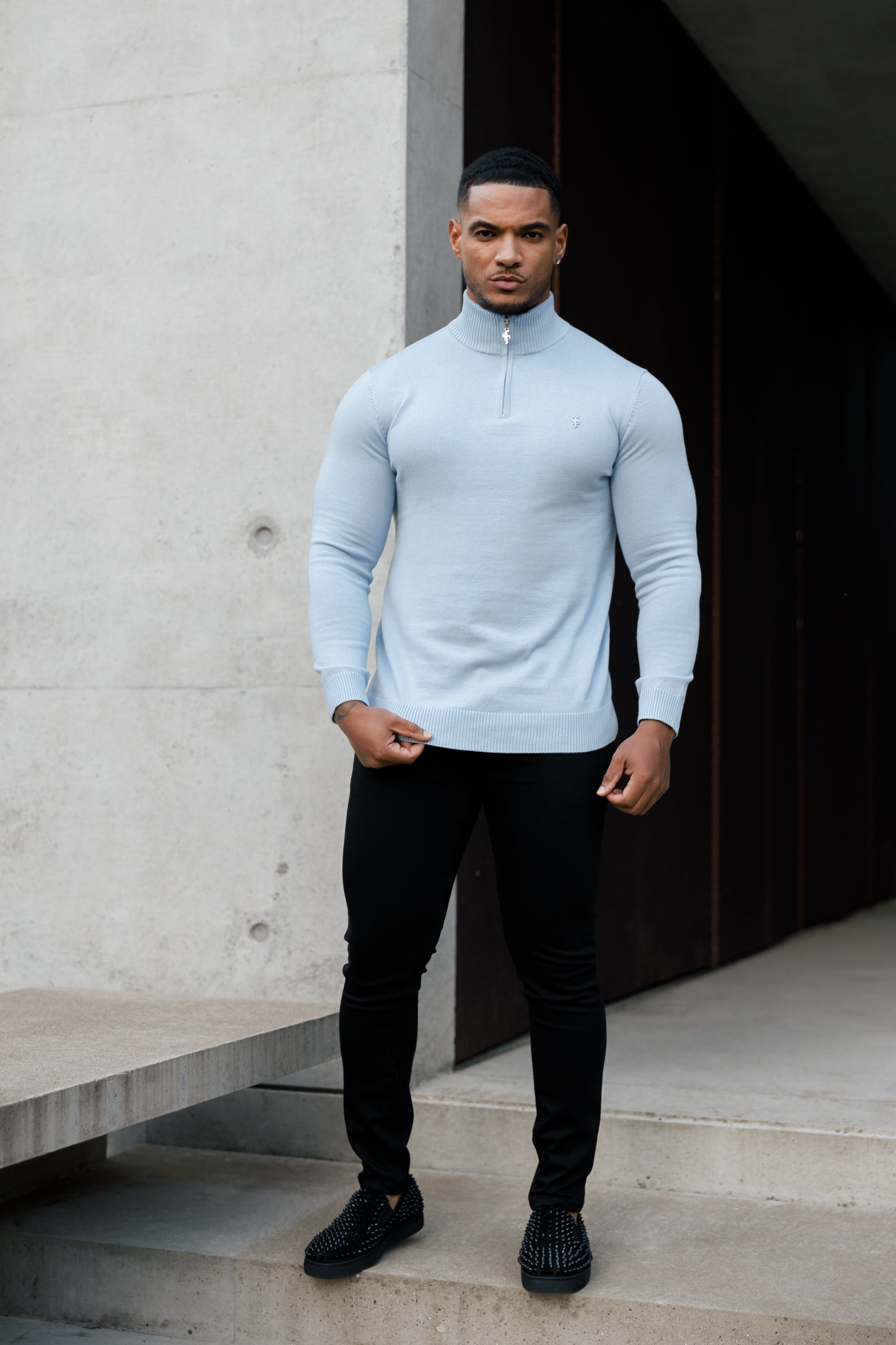 Light Blue Funnel Neck 1/2 Zip Knitted Jumper - FSN119