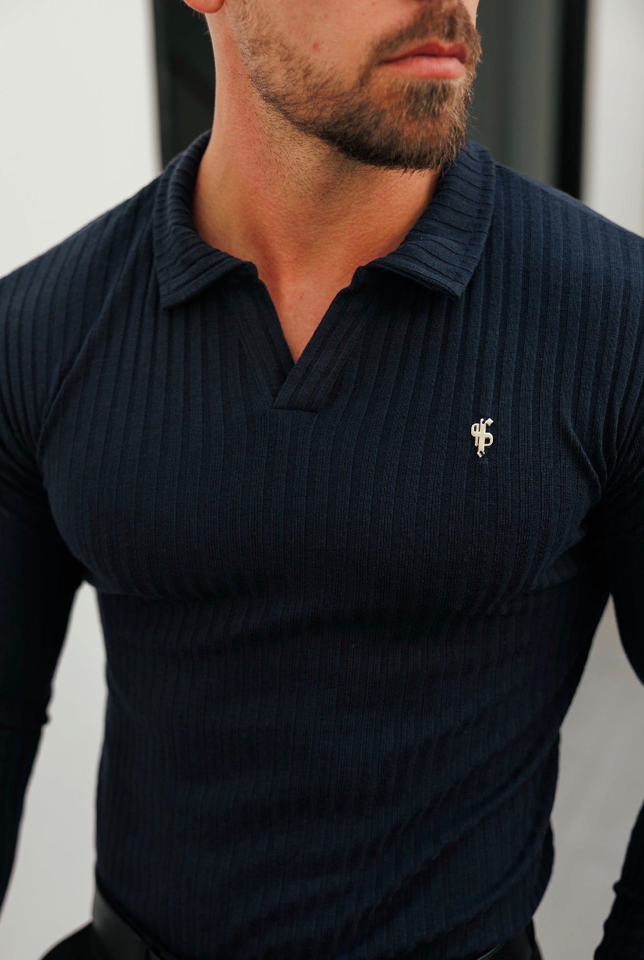 Navy / Gold Metal Emblem Ribbed Revere Polo Shirt Long Sleeve - FSH1486 (PRE ORDER 16TH JUNE)