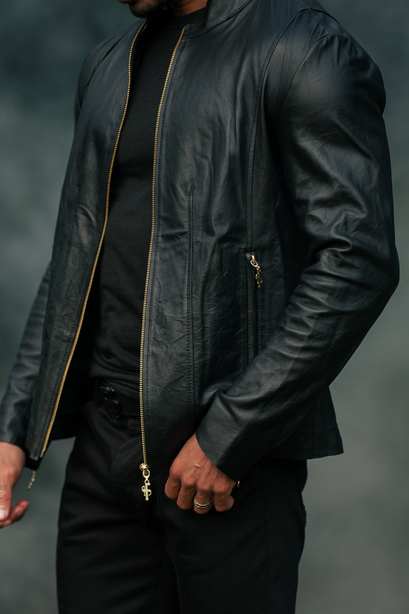 Father Sons Black Lambs Leather Jacket With Gold Zips - FSH610