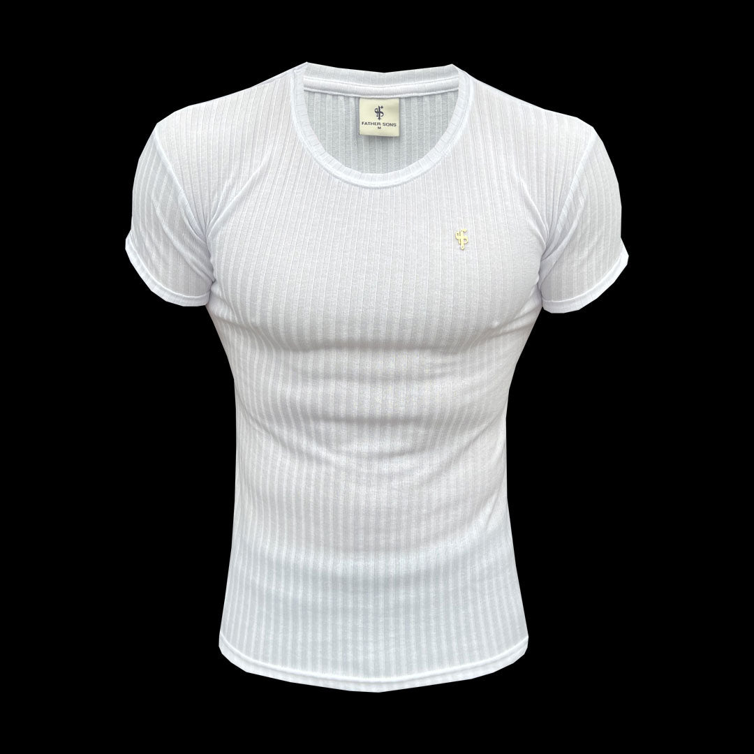 Classic White / Gold Ribbed Knit Super Slim Short Sleeve Crew - FSH1082