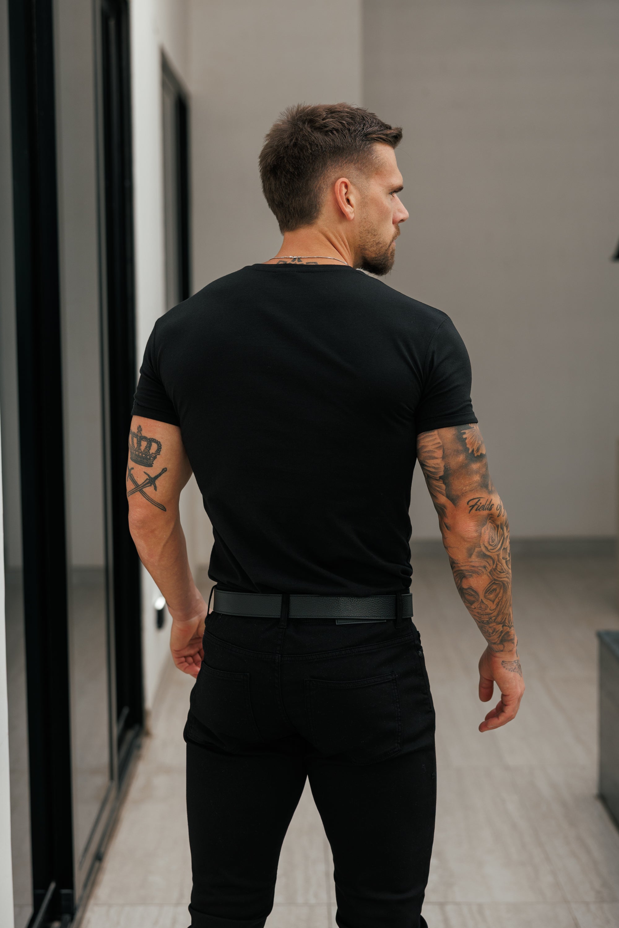 Black Crew Tshirt with Black Metal Emblem Decal FSH1454