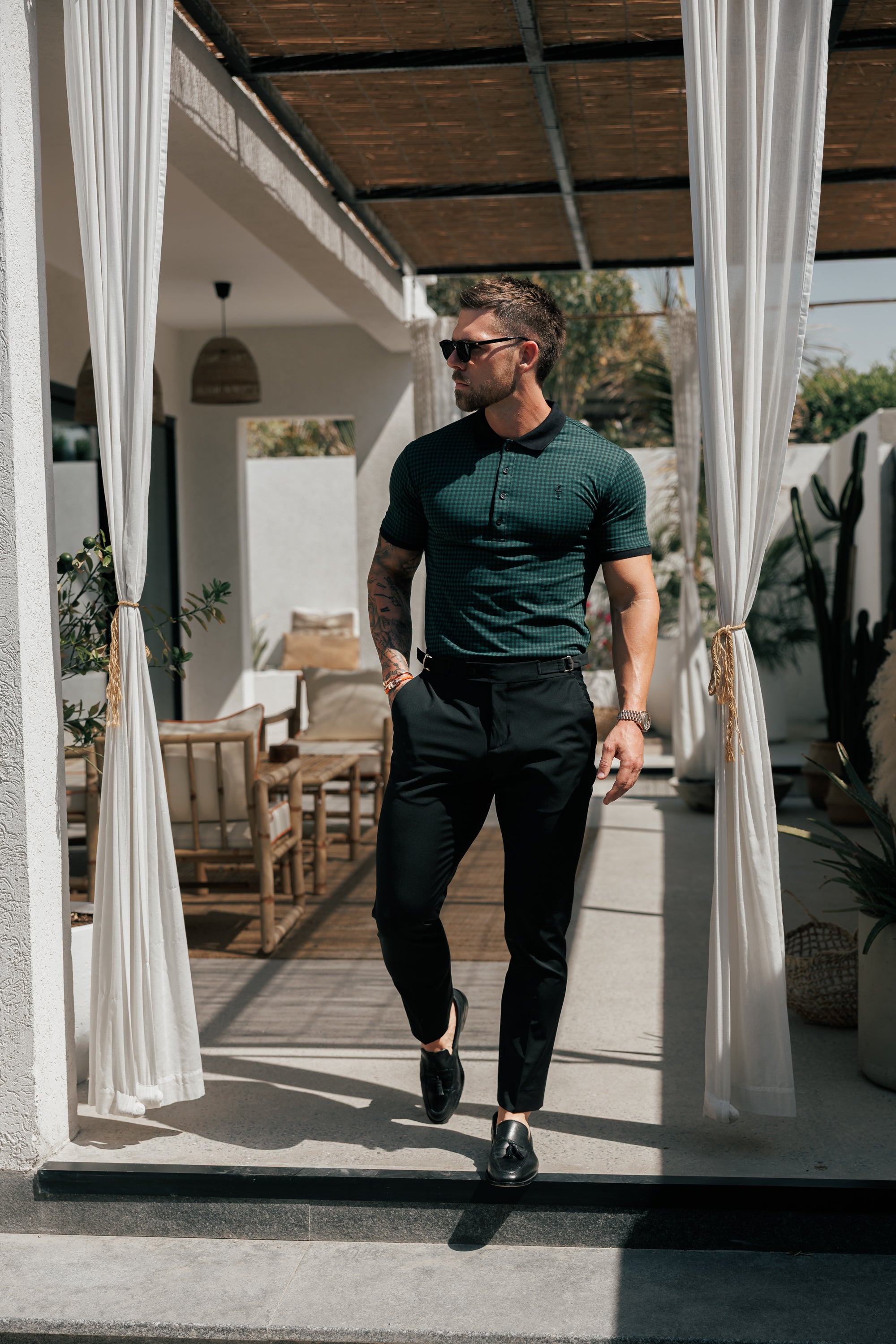 Black / Forest Green Printed Check Polo Shirt - FSH1263