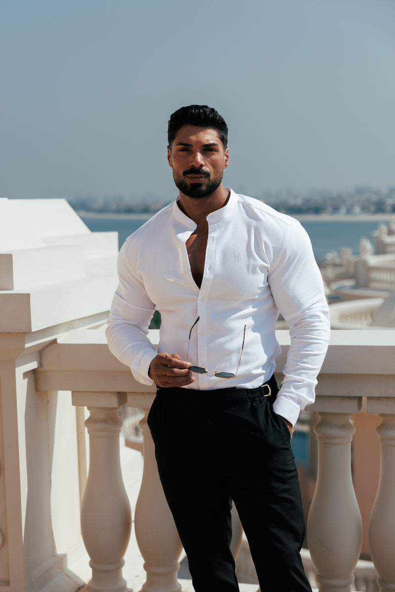 FS Super Slim Scuba White Long Sleeve Stretch with Grandad Collar - FS1170