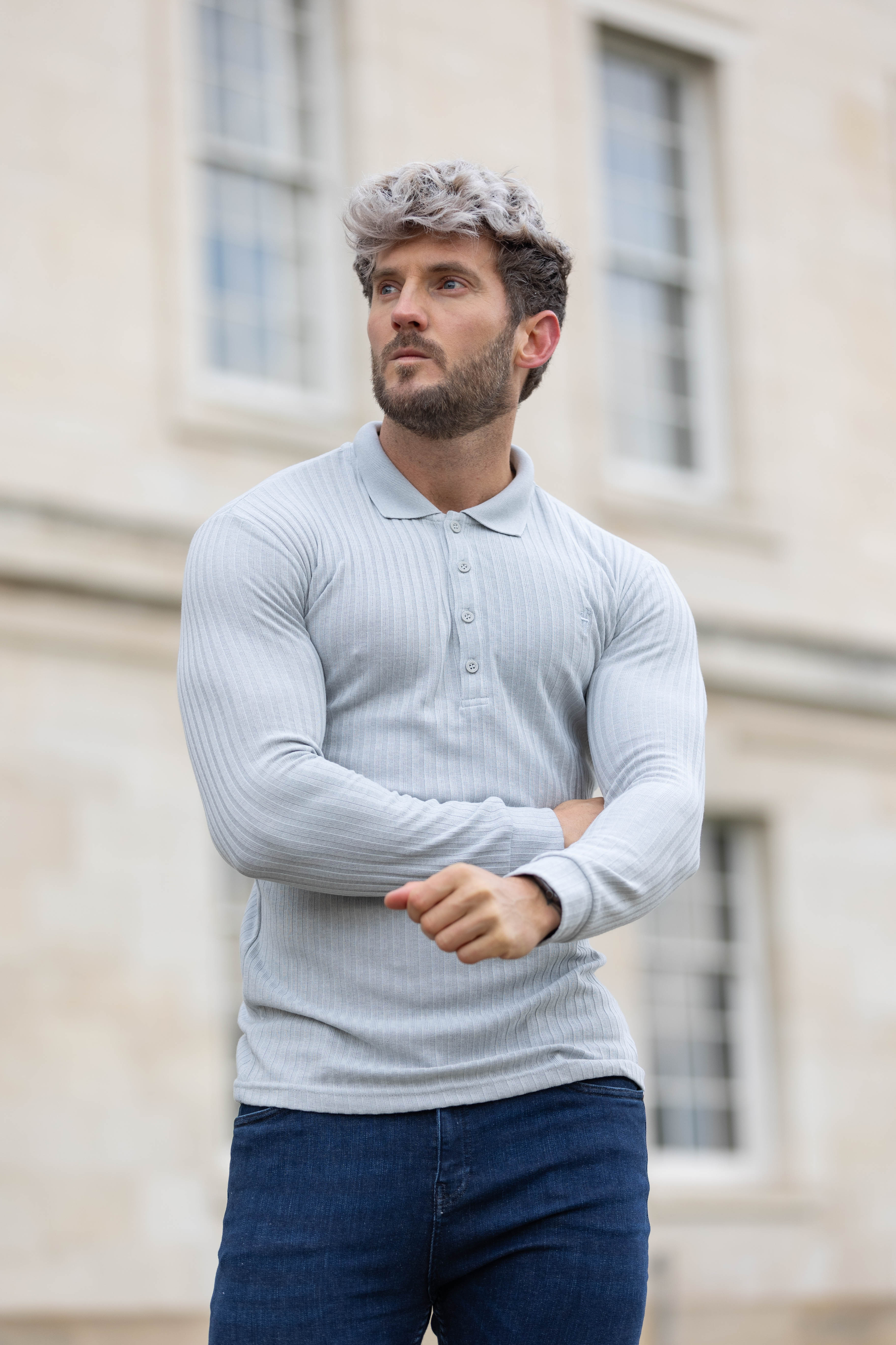 Classic Light Grey Ribbed Polo Shirt Long Sleeve - FSH972